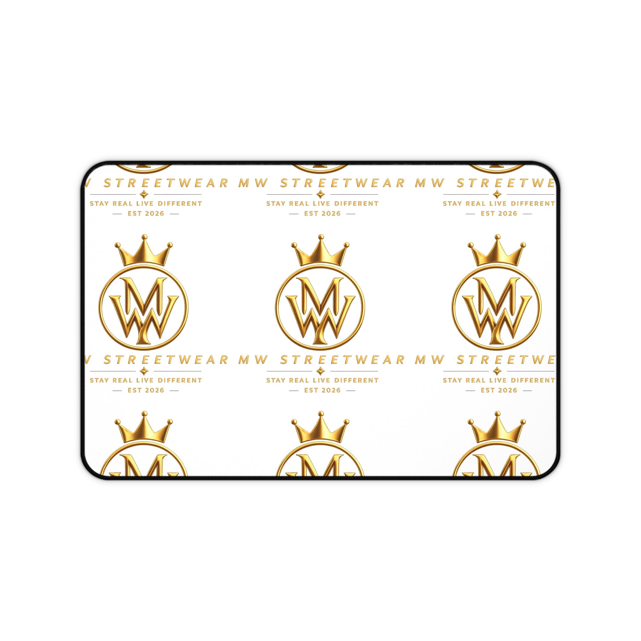MW Streetwear Desk Mat — Gold Crown Logo Mouse Pad for Stylish Workspaces