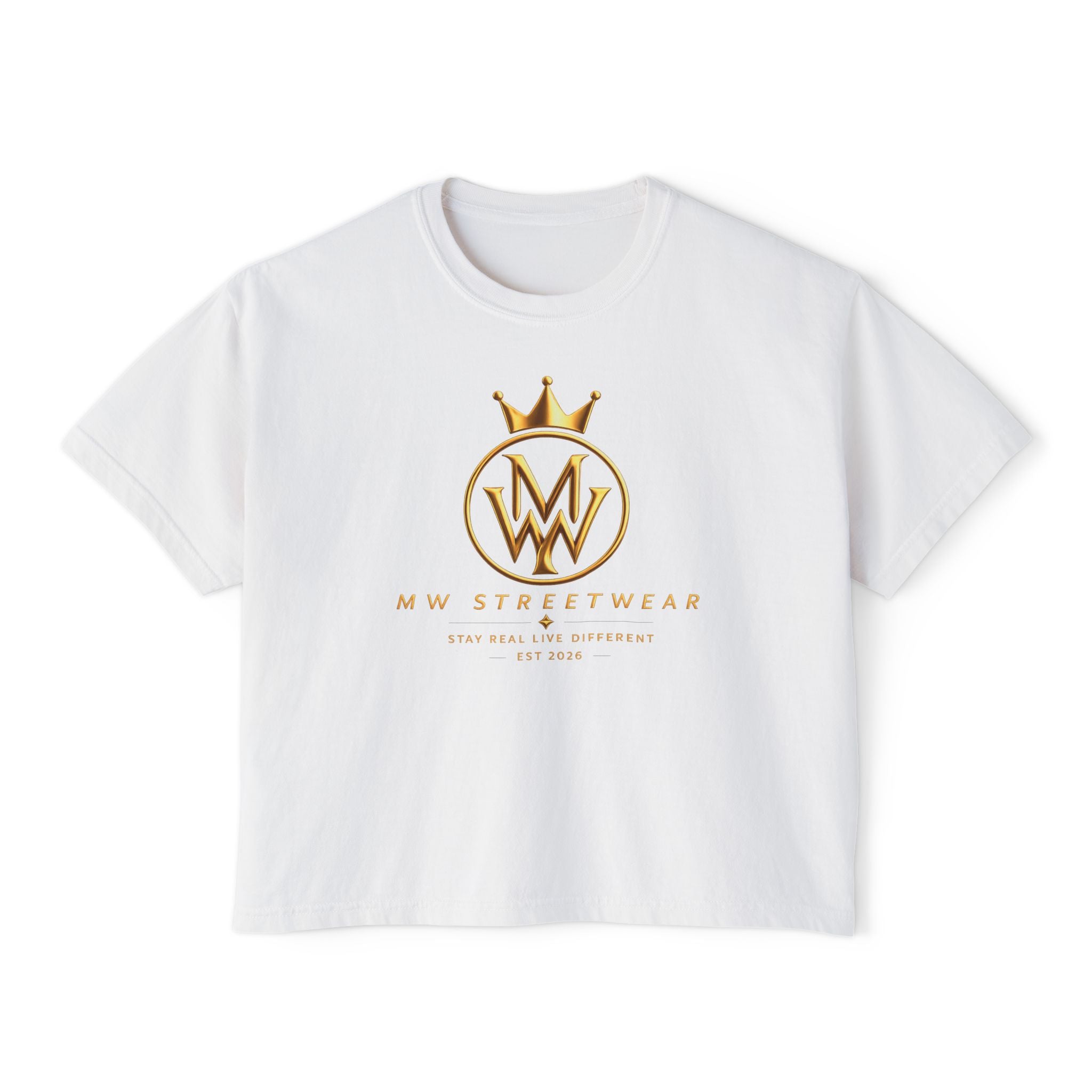 MW Streetwear Women's Boxy Tee — Gold Crown Logo Casual Crop T‑Shirt