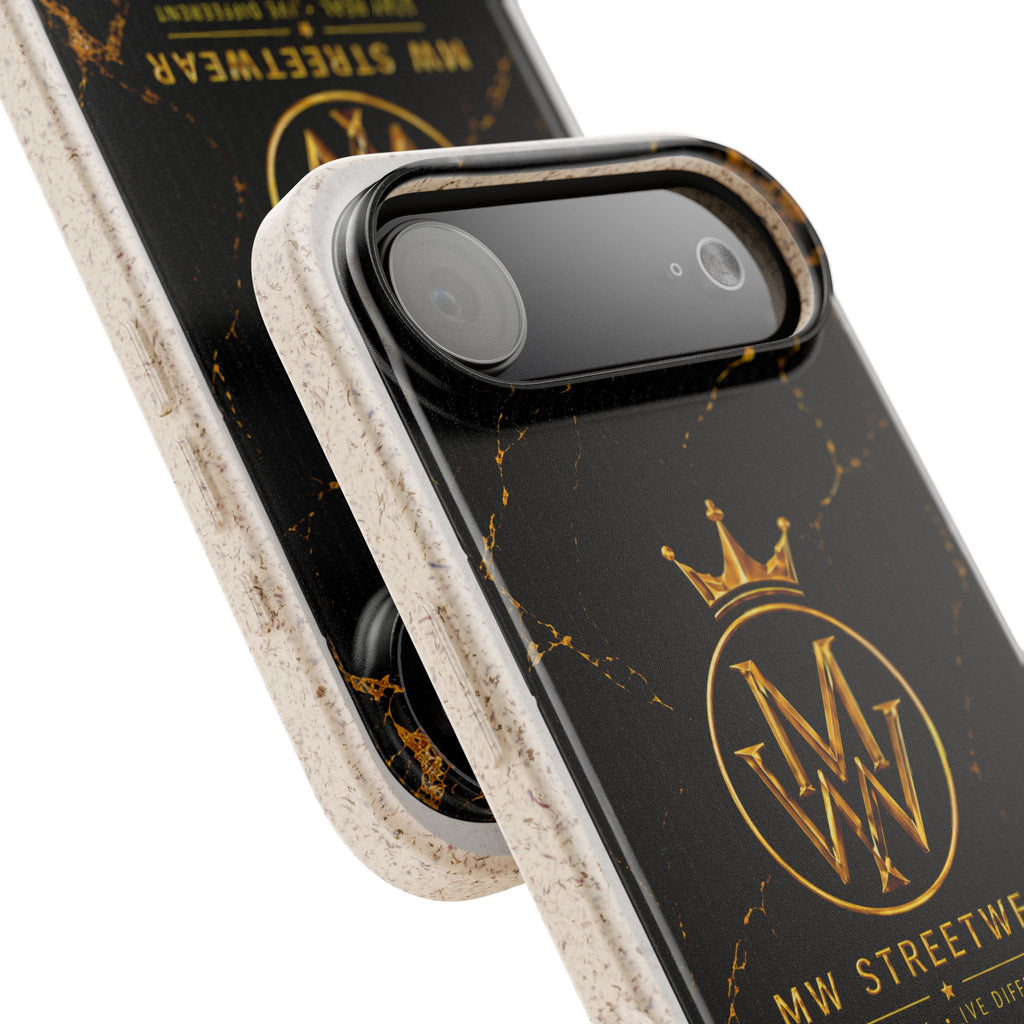 Biodegradable Phone Case — Black Marble MW Streetwear Logo, Eco-Friendly Protective Cover