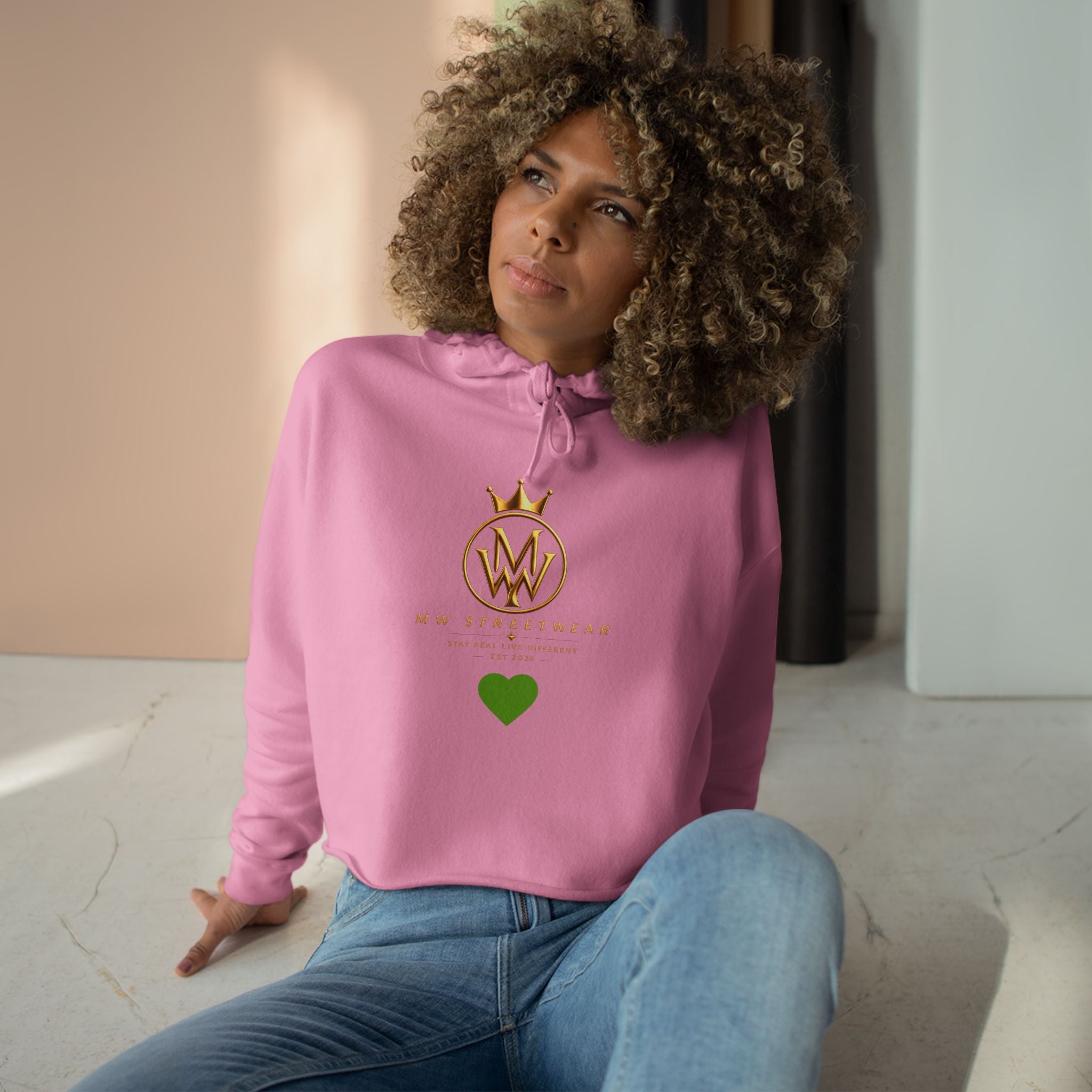 Cropped Hoodie — Minimal Gold Crown Logo with Green Heart