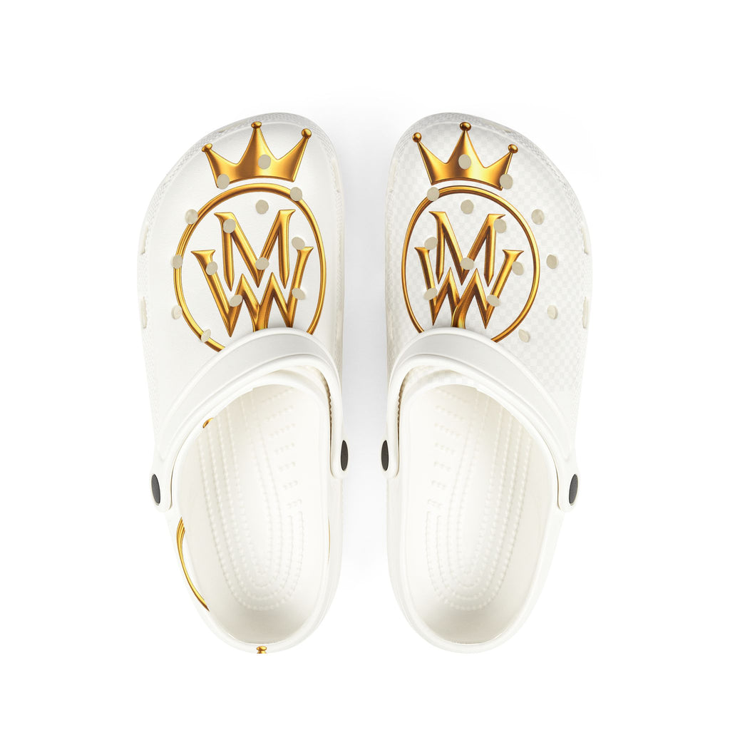Crown Monogram EVA Foam Clogs — White & Gold Slip-On Shoes