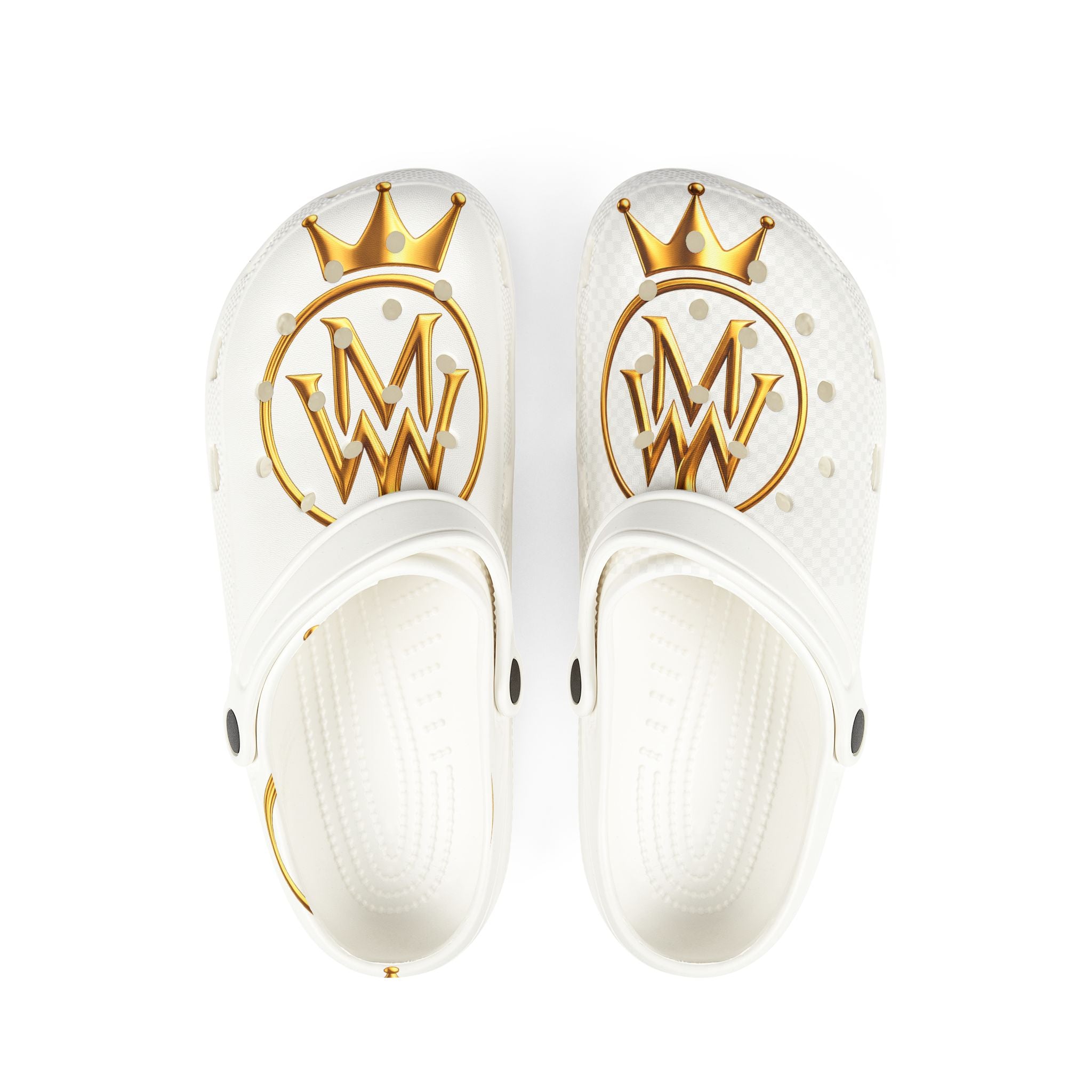 Crown Monogram EVA Foam Clogs — White & Gold Slip-On Shoes