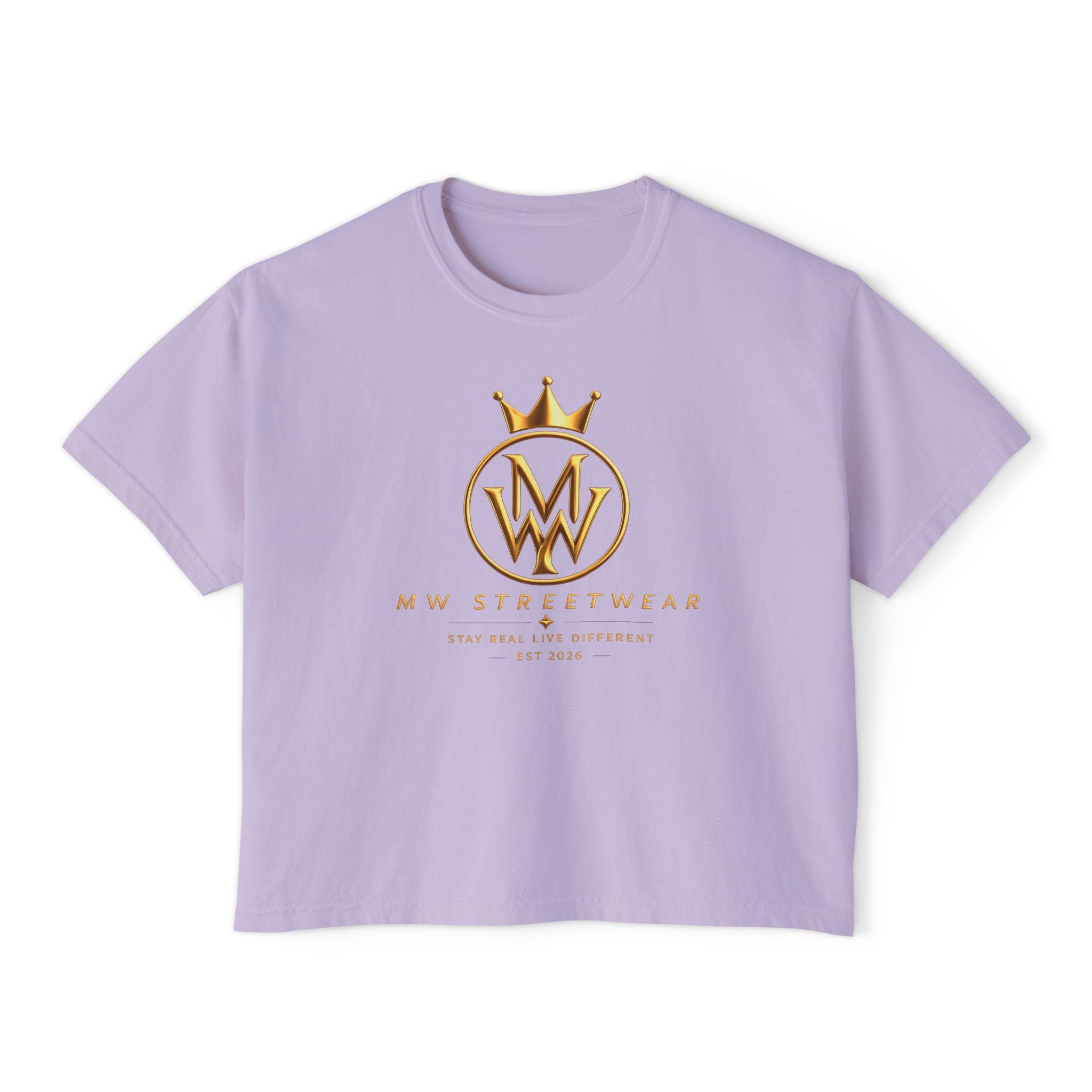 MW Streetwear Women's Boxy Tee — Gold Crown Logo Casual Crop T‑Shirt