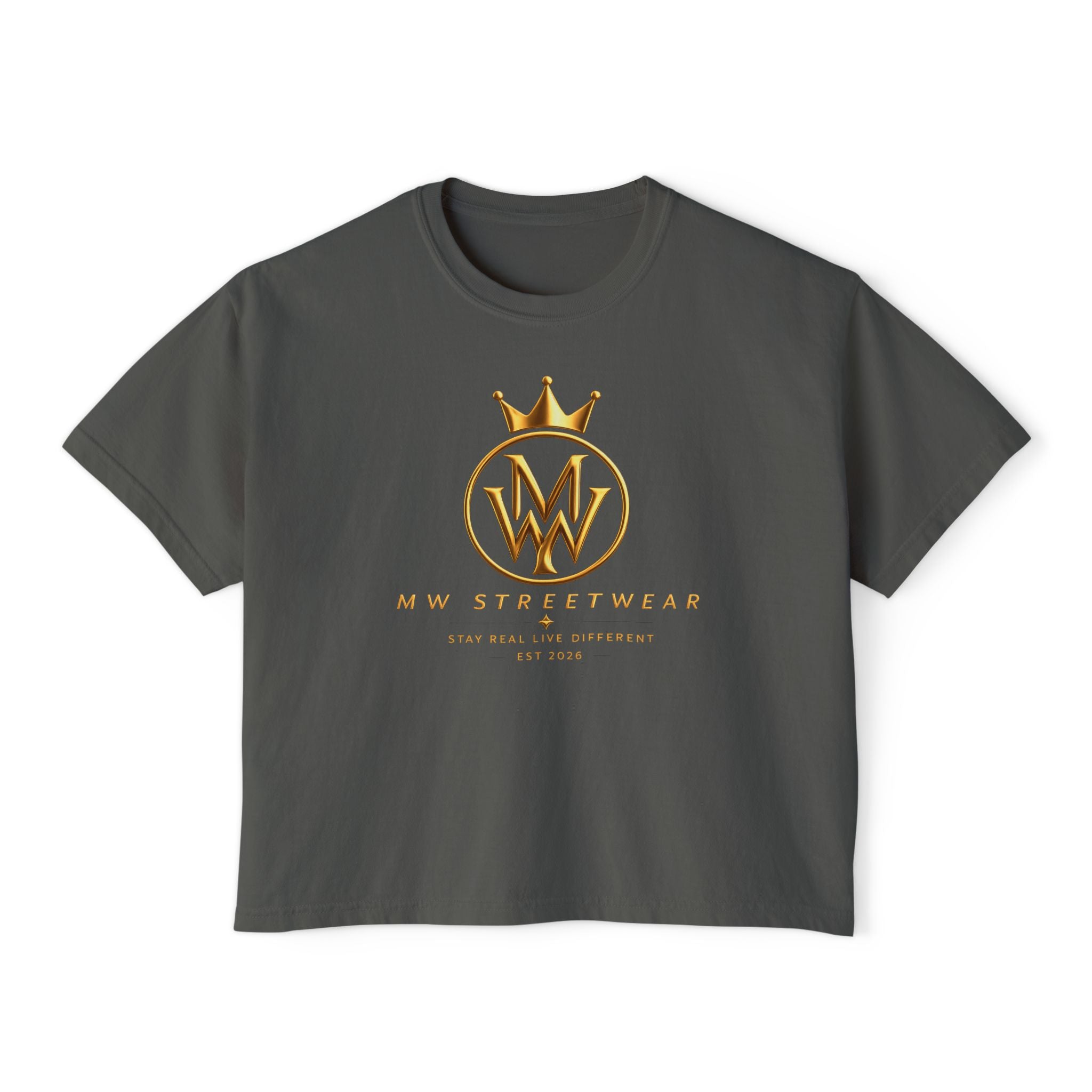MW Streetwear Women's Boxy Tee — Gold Crown Logo Casual Crop T‑Shirt