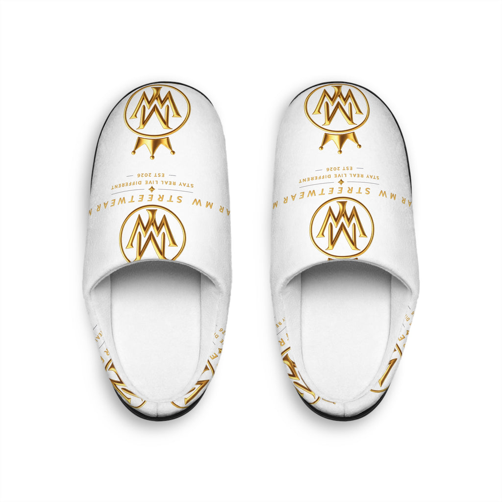 Women's Indoor Slippers — White & Gold Monogram Cozy House Shoes