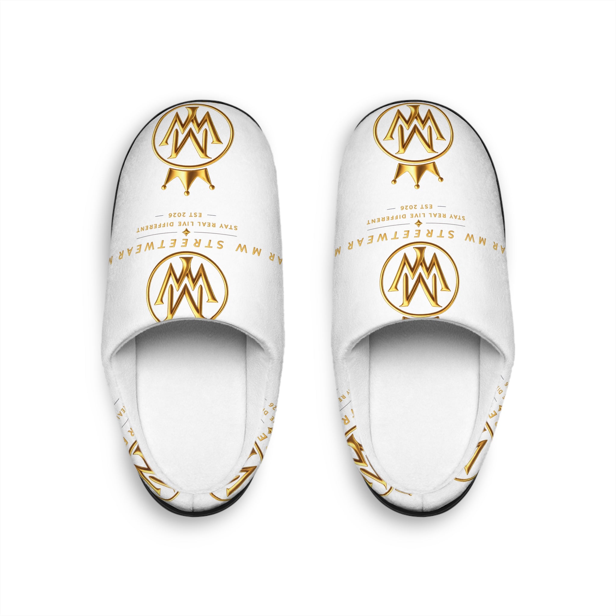 Women's Indoor Slippers — White & Gold Monogram Cozy House Shoes