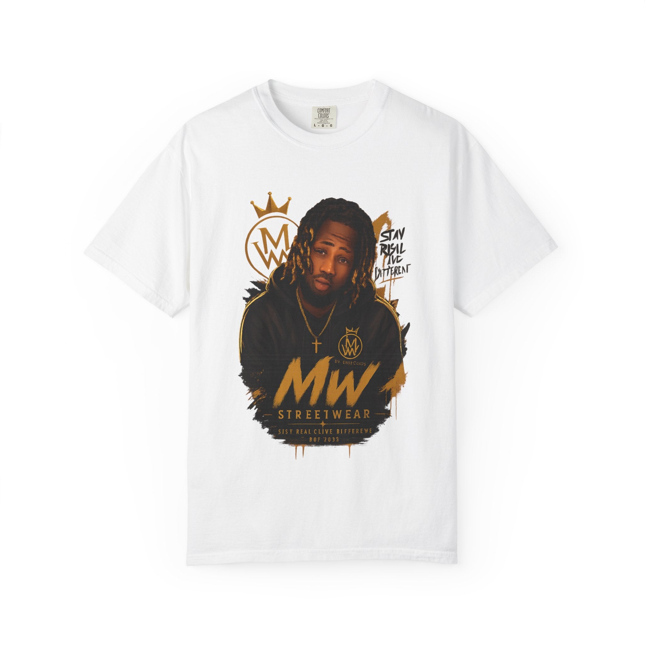 MW Streetwear Graphic T‑Shirt — Crown Portrait & Flame Back Print