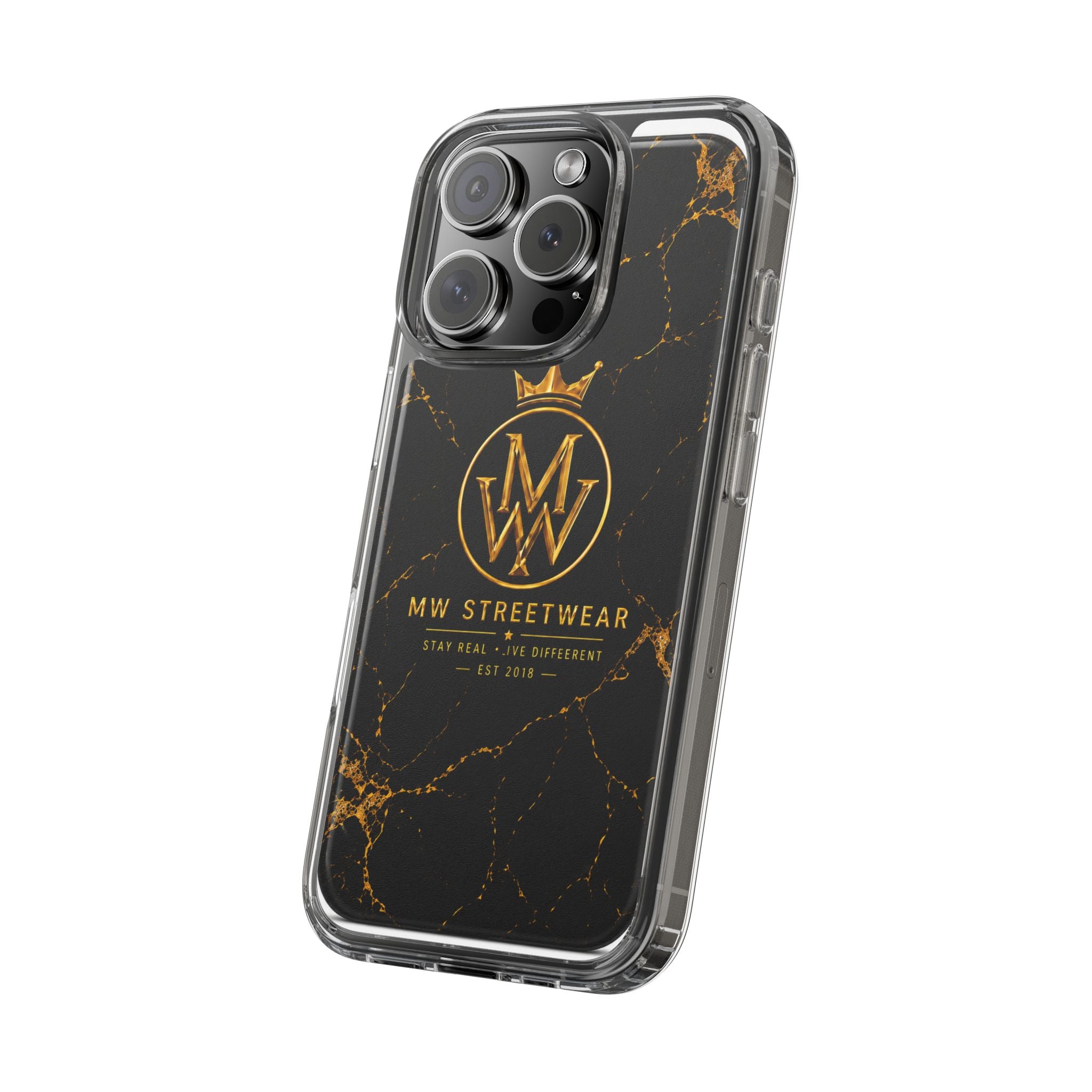 Clear Phone Case — Black Gold Marble "MW Streetwear" Logo
