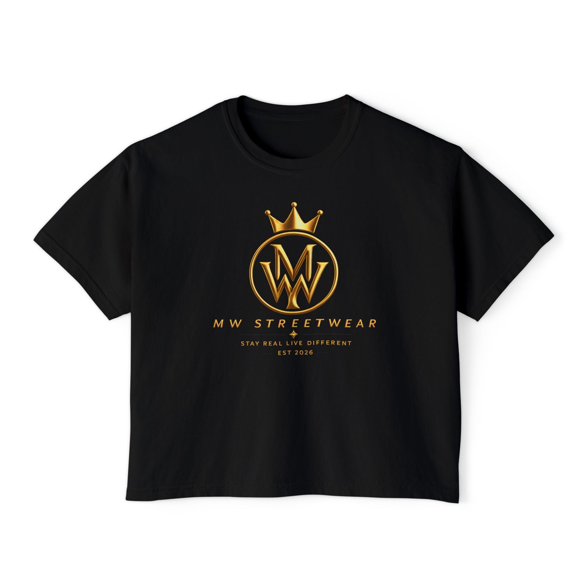 MW Streetwear Women's Boxy Tee — Gold Crown Logo Casual Crop T‑Shirt