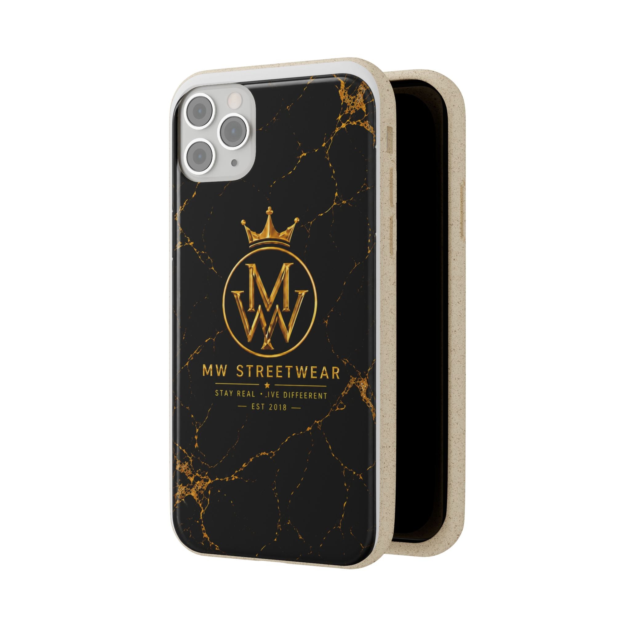 Biodegradable Phone Case — Black Marble MW Streetwear Logo, Eco-Friendly Protective Cover