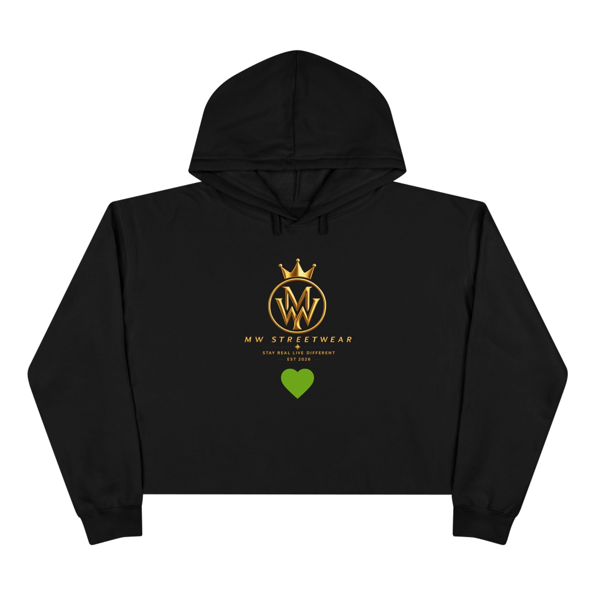 Cropped Hoodie — Minimal Gold Crown Logo with Green Heart