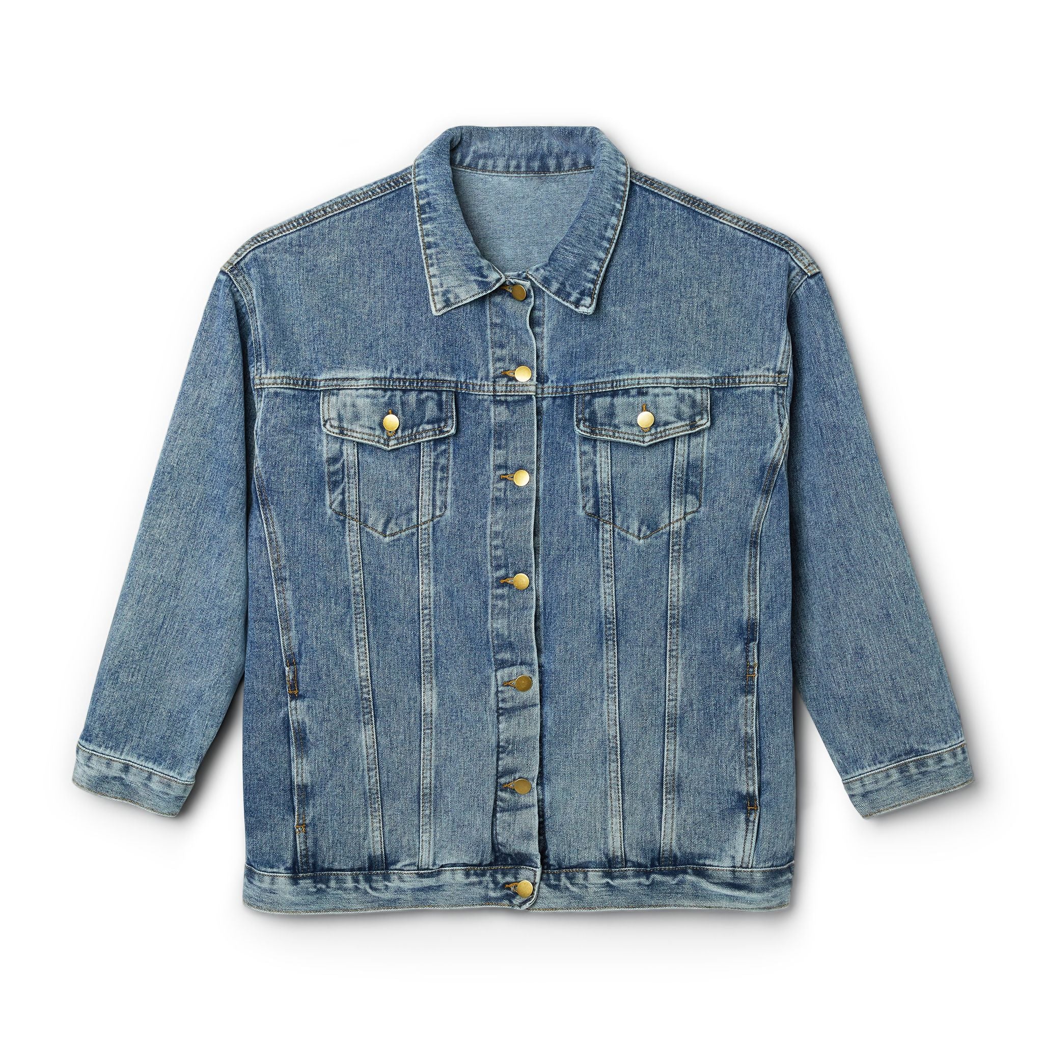 Women's Denim Jacket with Gold Crown Logo — Casual Chic Embroidered Jean Jacket