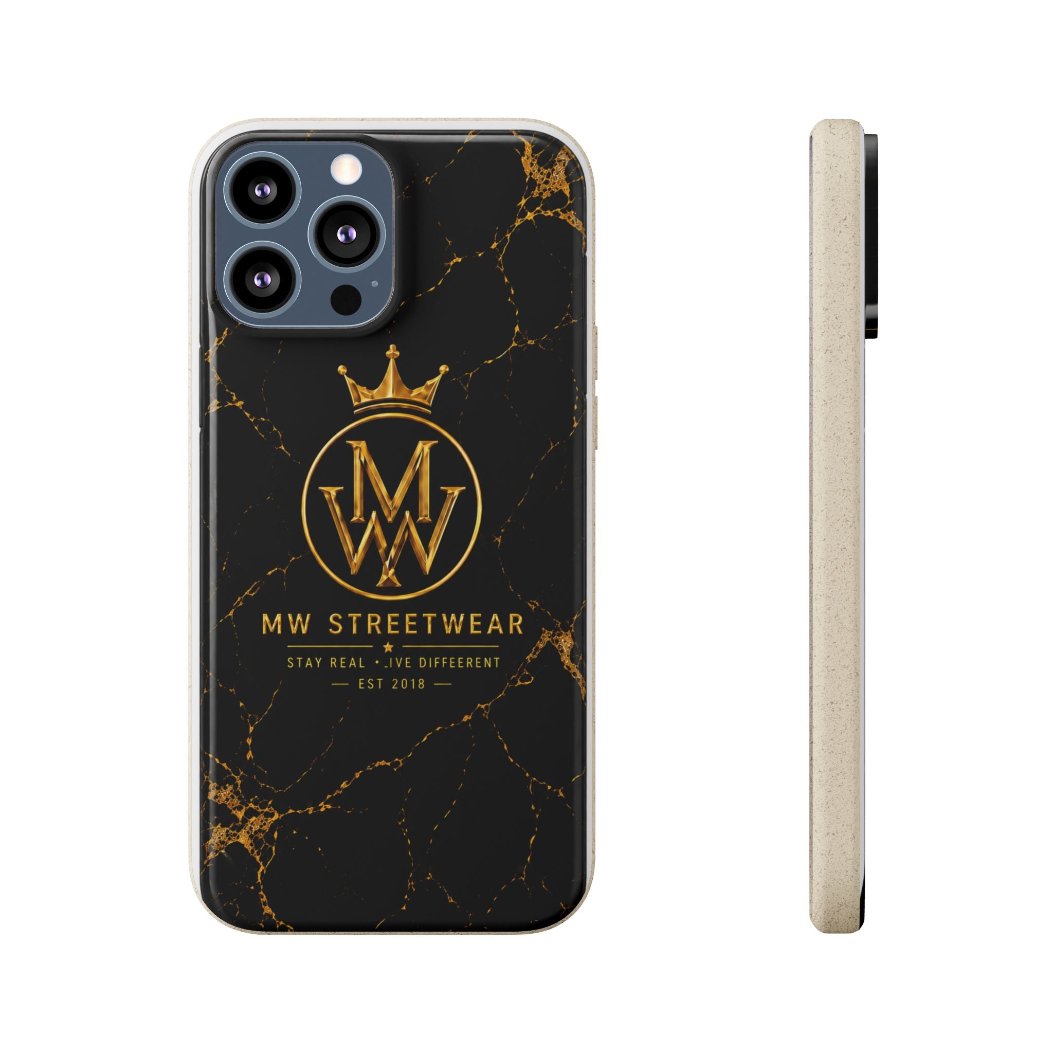 Biodegradable Phone Case — Black Marble MW Streetwear Logo, Eco-Friendly Protective Cover