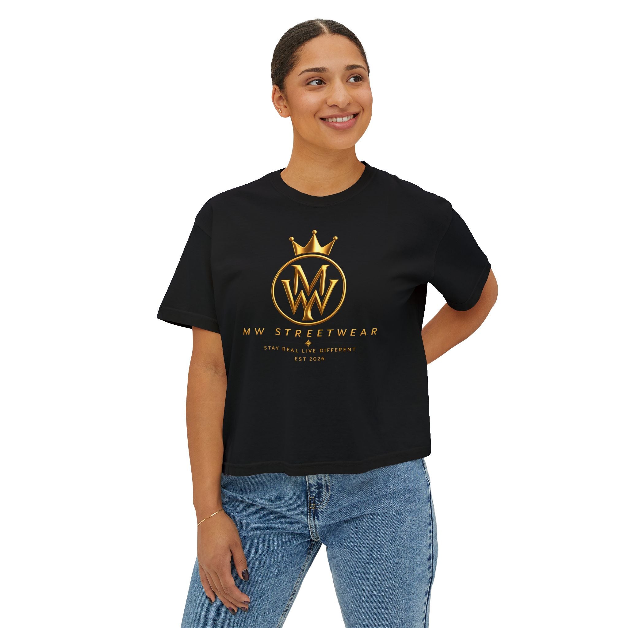 MW Streetwear Women's Boxy Tee — Gold Crown Logo Casual Crop T‑Shirt