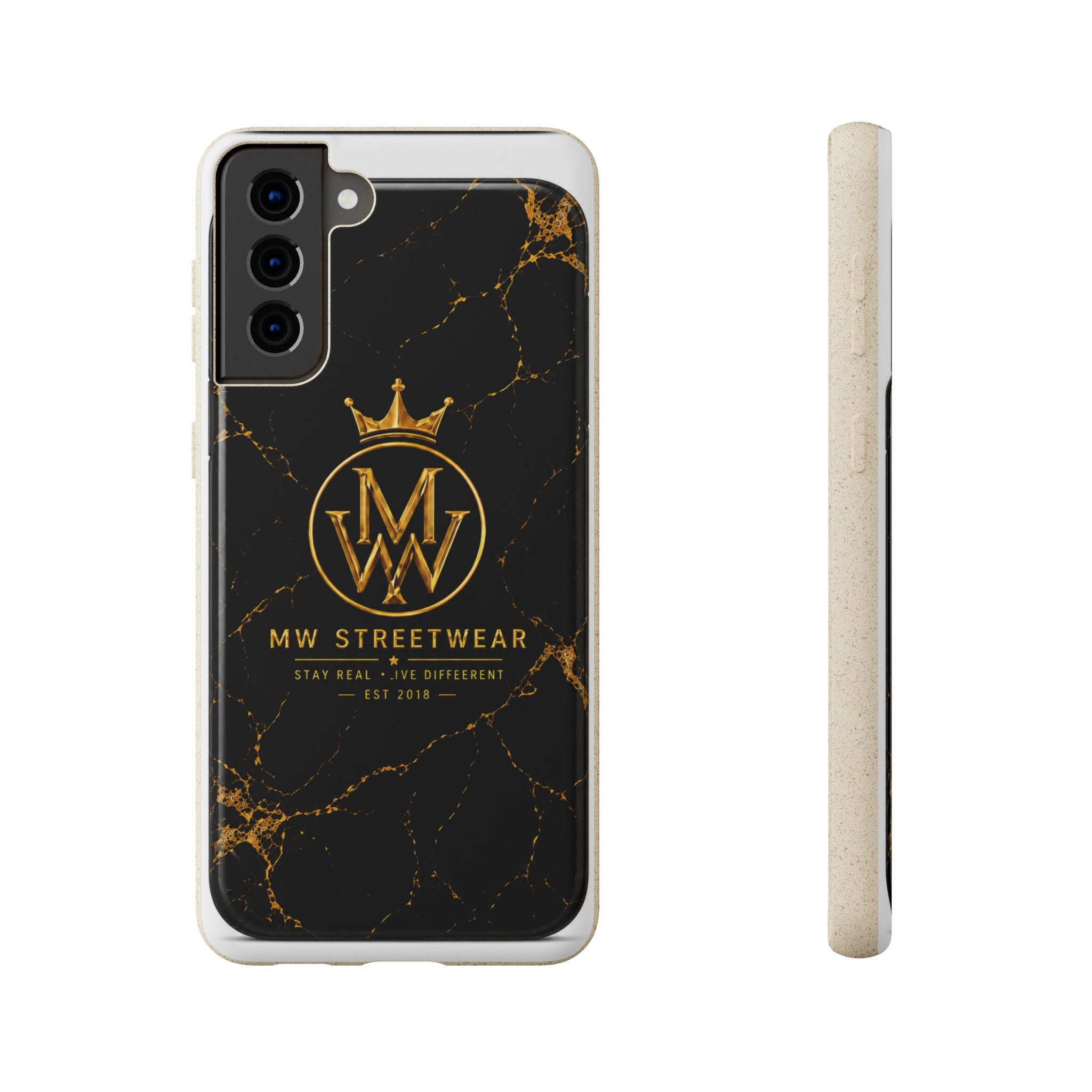 Biodegradable Phone Case — Black Marble MW Streetwear Logo, Eco-Friendly Protective Cover