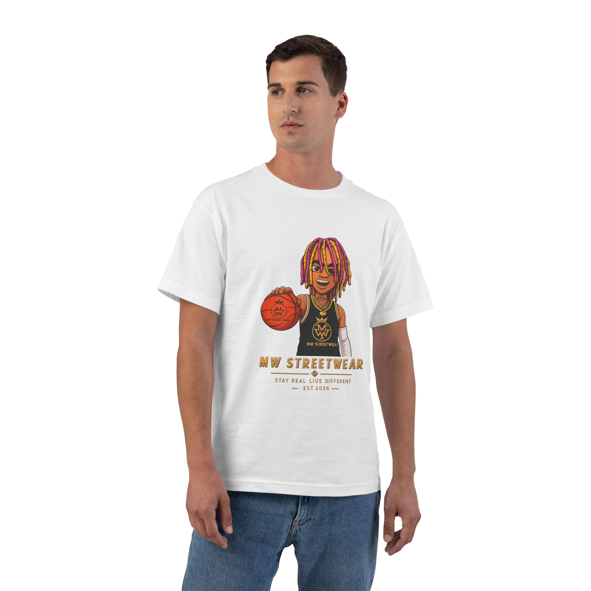 Streetwear Basketball Graphic T-Shirt — Colorful Dreadlock Player Design