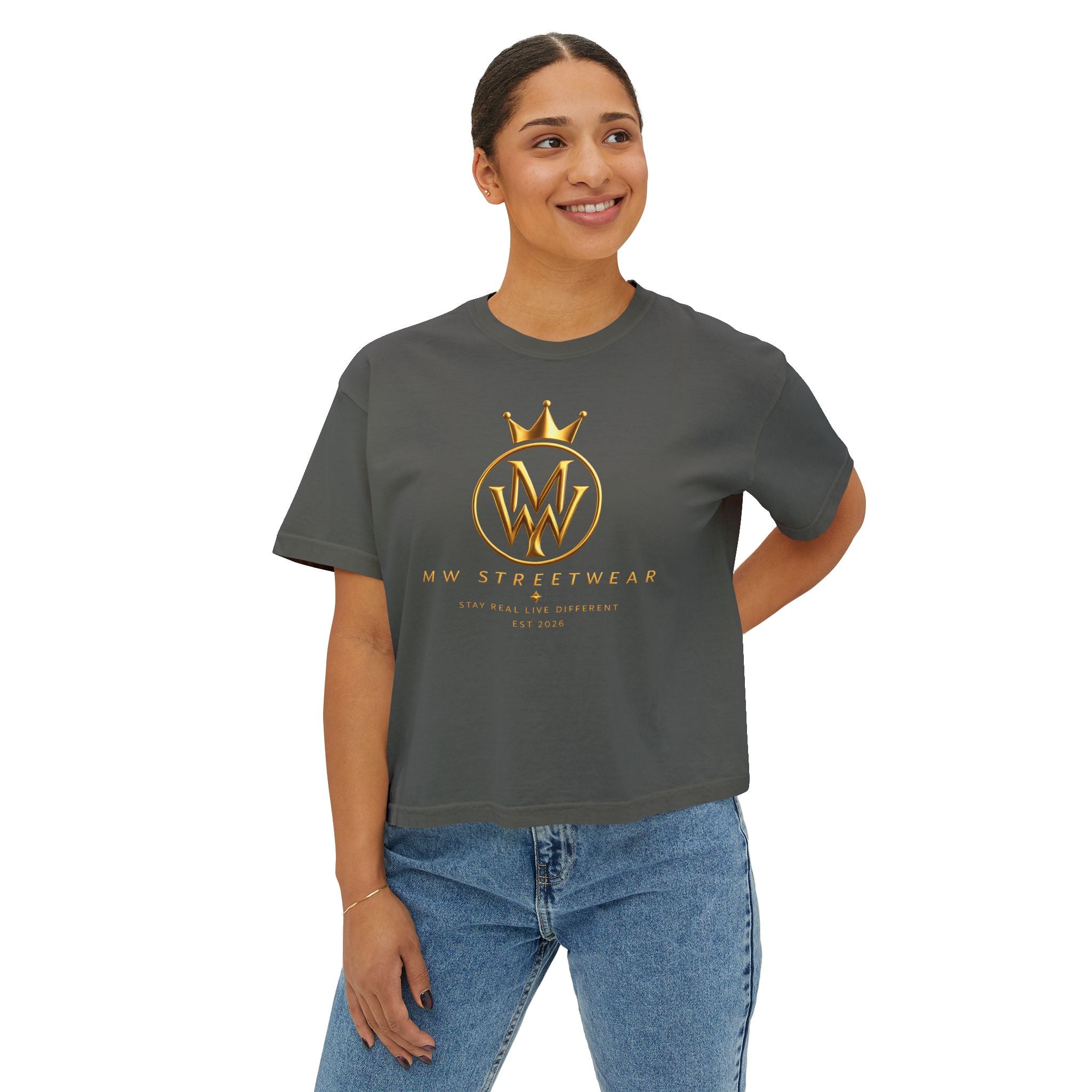 MW Streetwear Women's Boxy Tee — Gold Crown Logo Casual Crop T‑Shirt