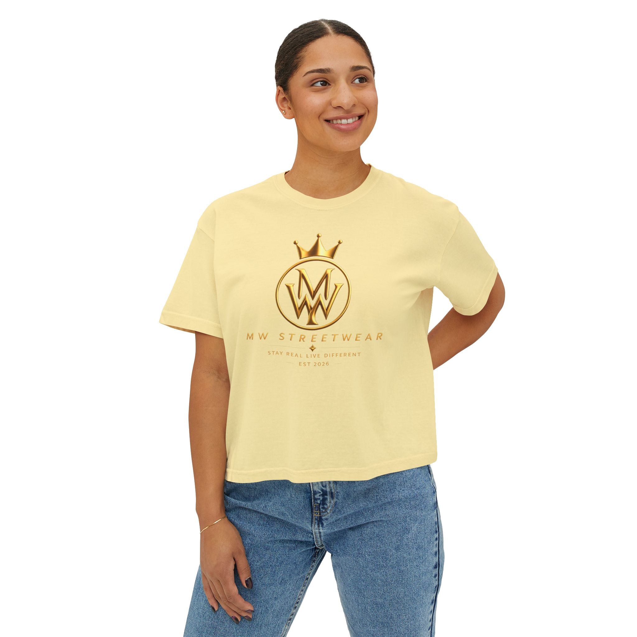 MW Streetwear Women's Boxy Tee — Gold Crown Logo Casual Crop T‑Shirt