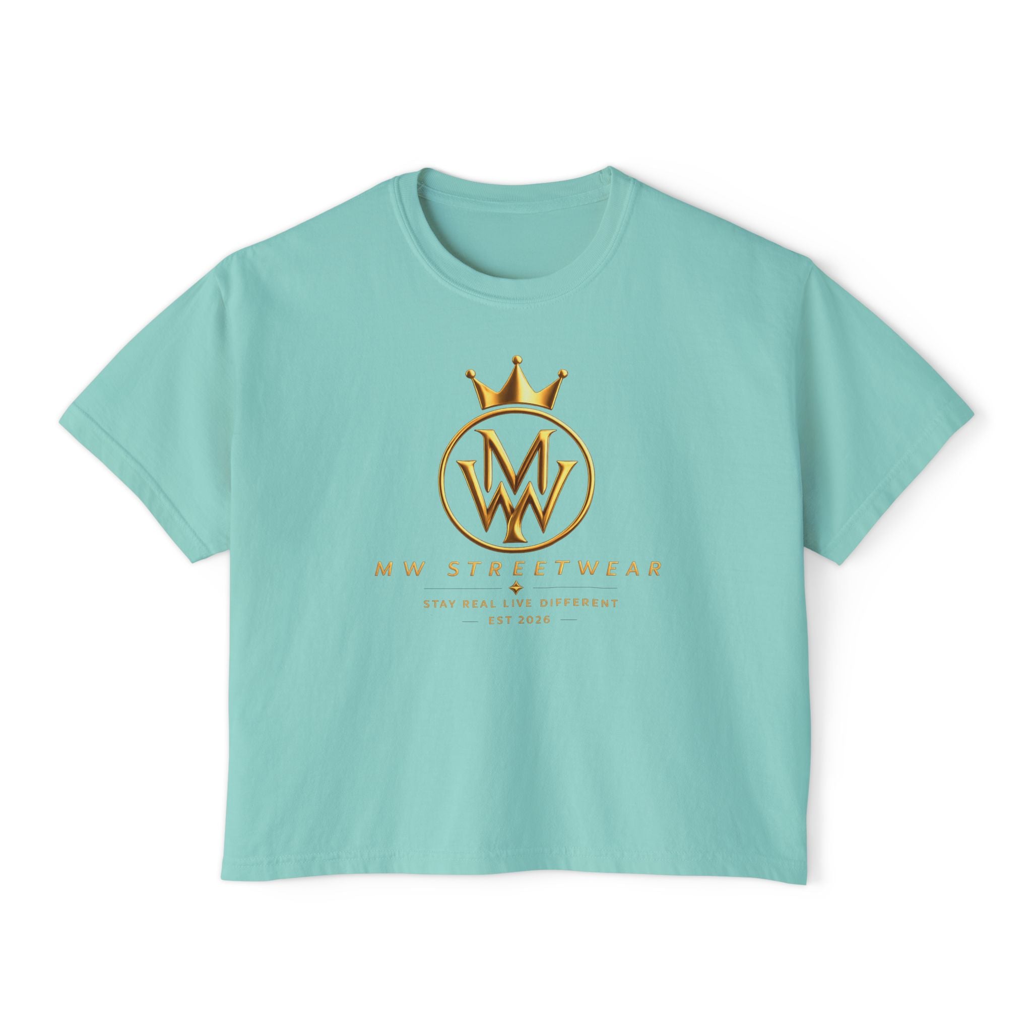 MW Streetwear Women's Boxy Tee — Gold Crown Logo Casual Crop T‑Shirt