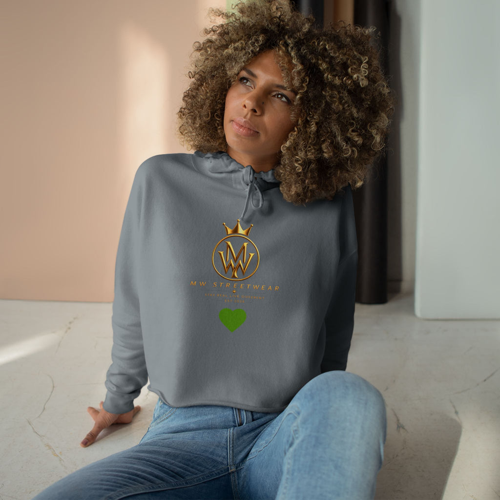 Cropped Hoodie — Minimal Gold Crown Logo with Green Heart