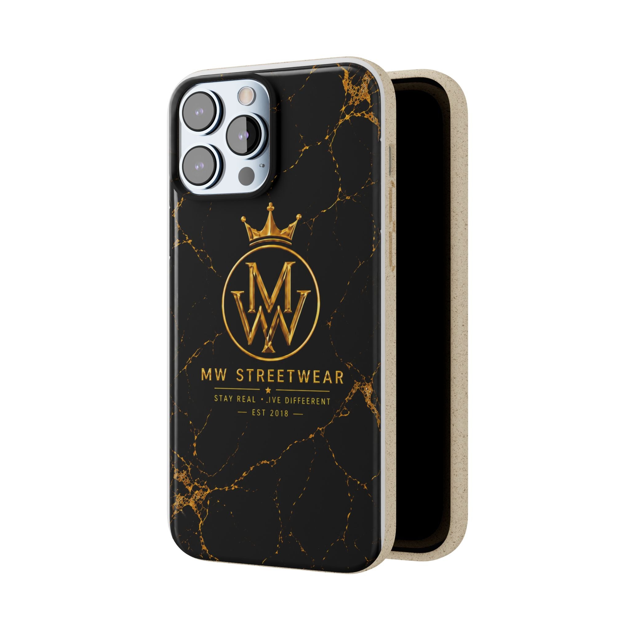 Biodegradable Phone Case — Black Marble MW Streetwear Logo, Eco-Friendly Protective Cover
