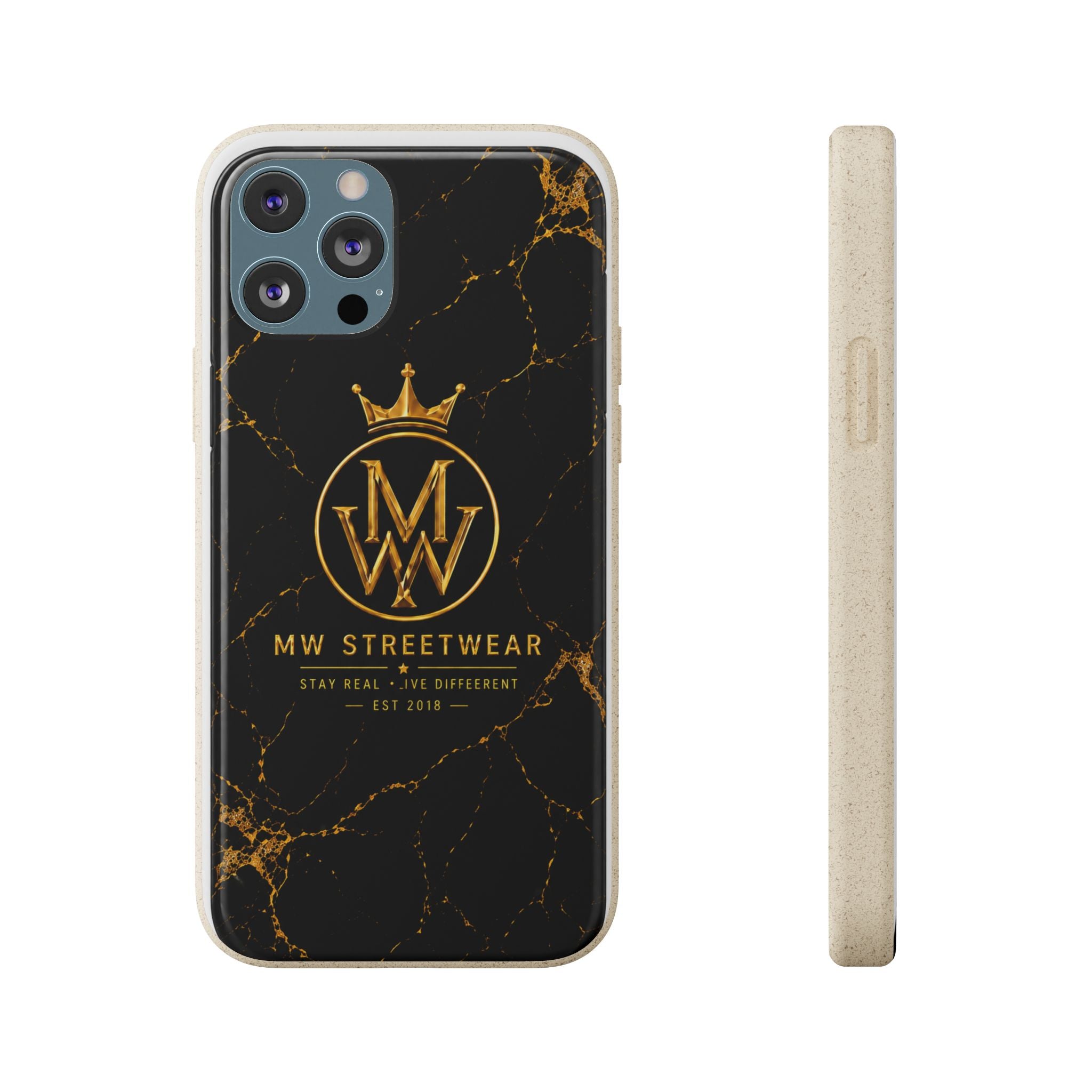 Biodegradable Phone Case — Black Marble MW Streetwear Logo, Eco-Friendly Protective Cover