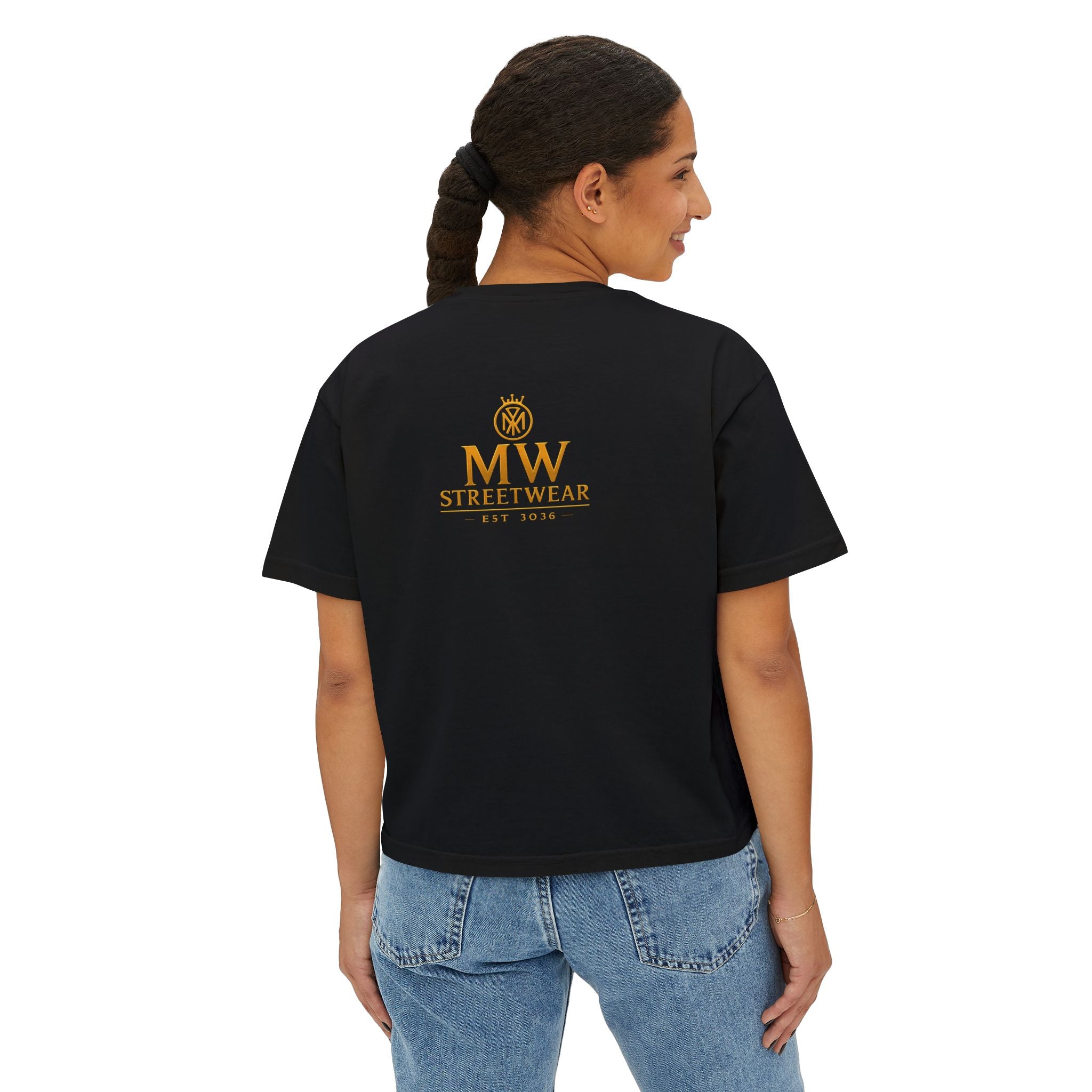 MW Streetwear Women's Boxy Tee — Gold Crown Logo Casual Crop T‑Shirt
