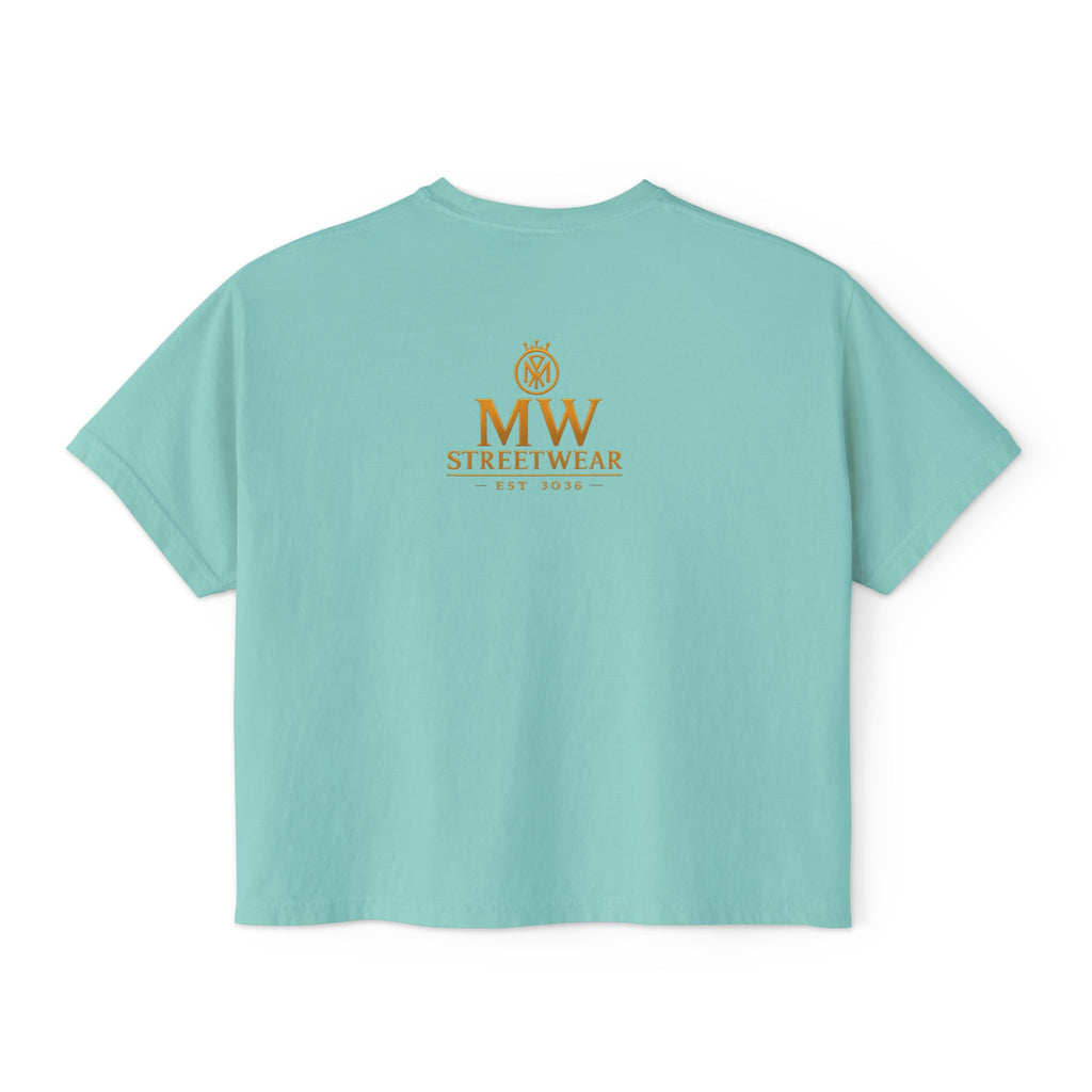 MW Streetwear Women's Boxy Tee — Gold Crown Logo Casual Crop T‑Shirt
