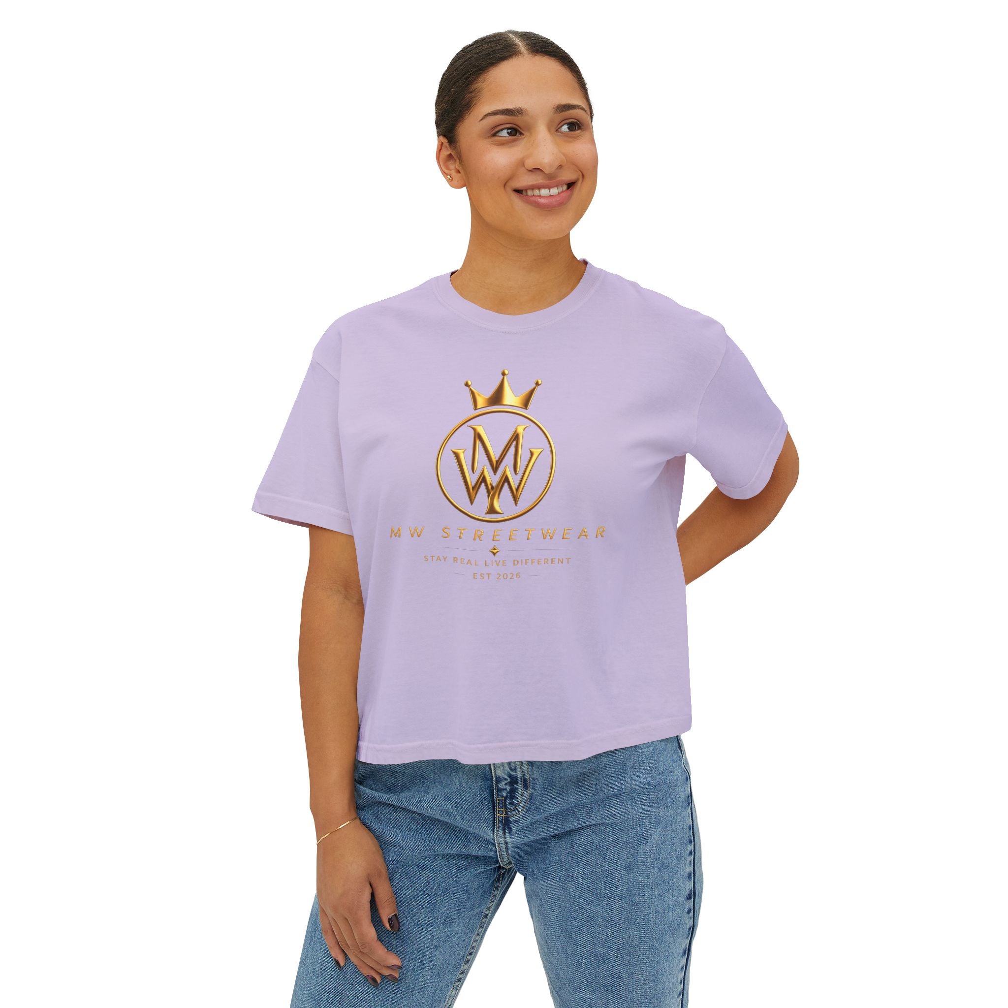 MW Streetwear Women's Boxy Tee — Gold Crown Logo Casual Crop T‑Shirt