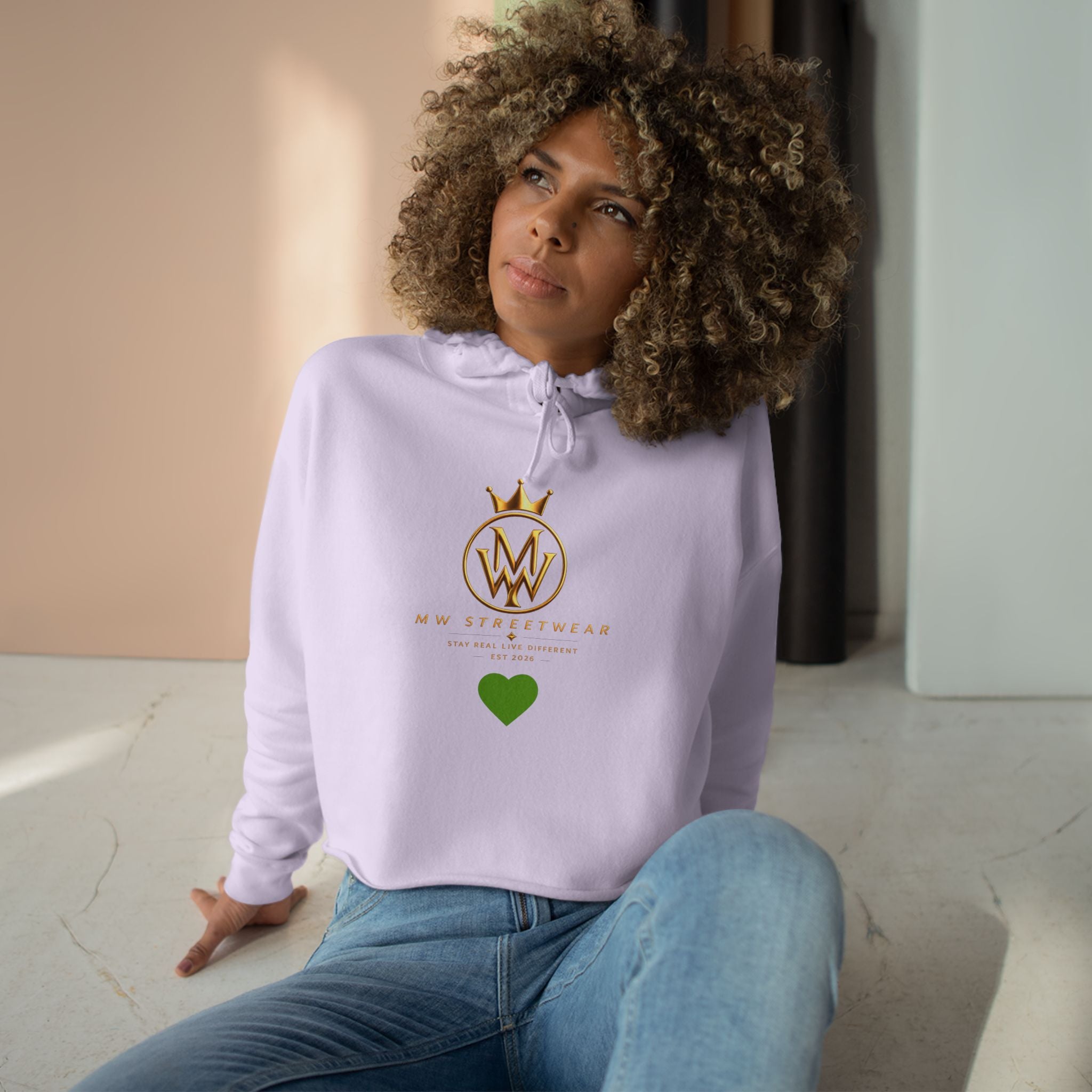 Cropped Hoodie — Minimal Gold Crown Logo with Green Heart