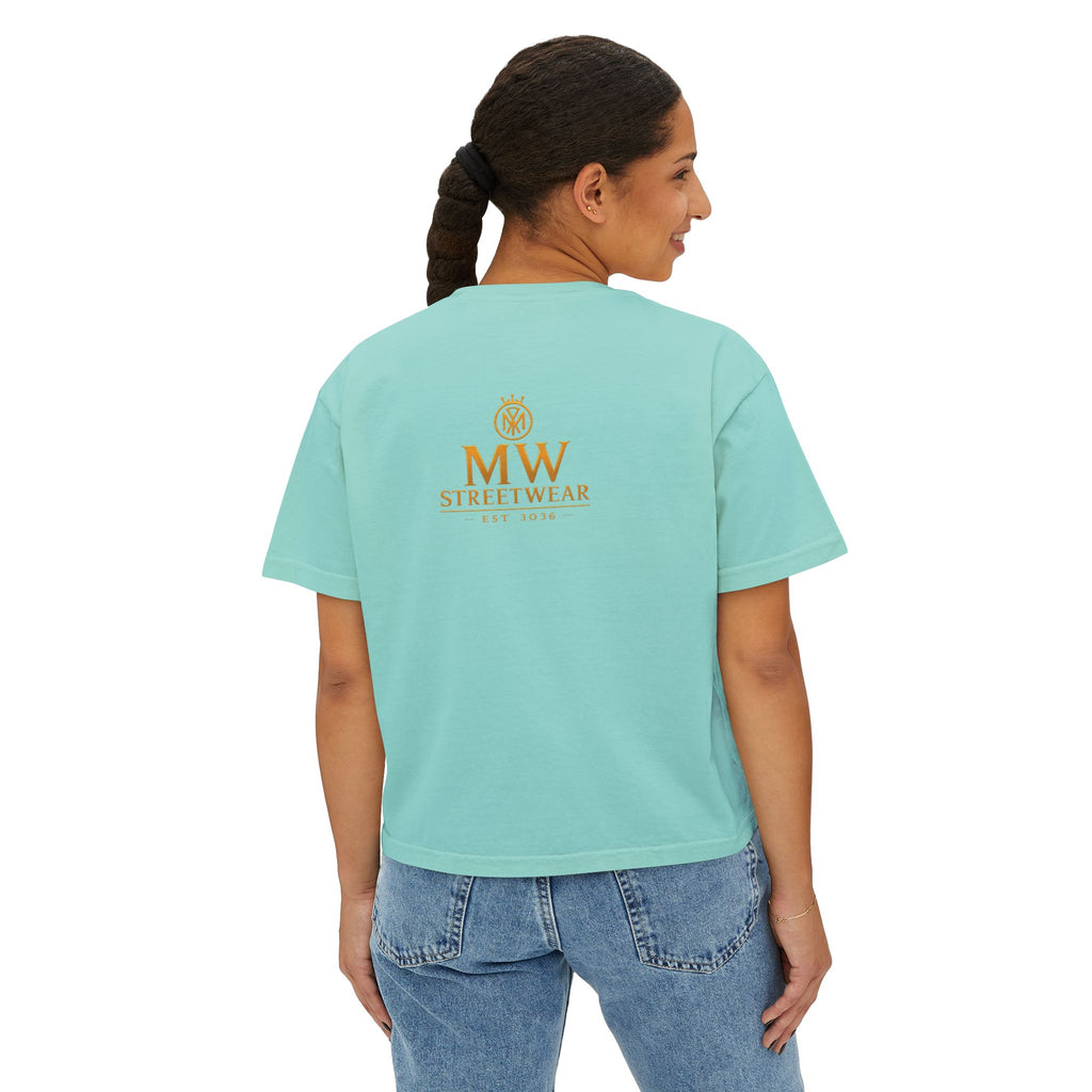 MW Streetwear Women's Boxy Tee — Gold Crown Logo Casual Crop T‑Shirt