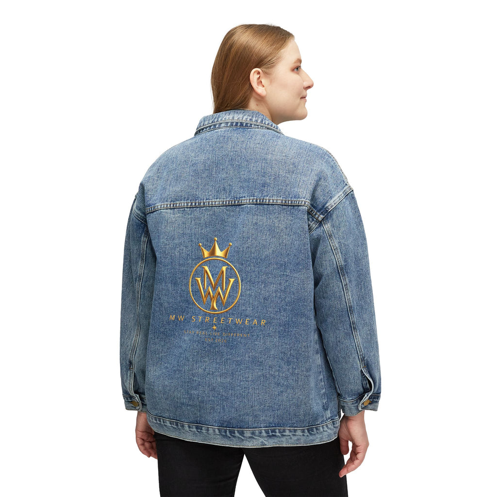 Women's Denim Jacket with Gold Crown Logo — Casual Chic Embroidered Jean Jacket