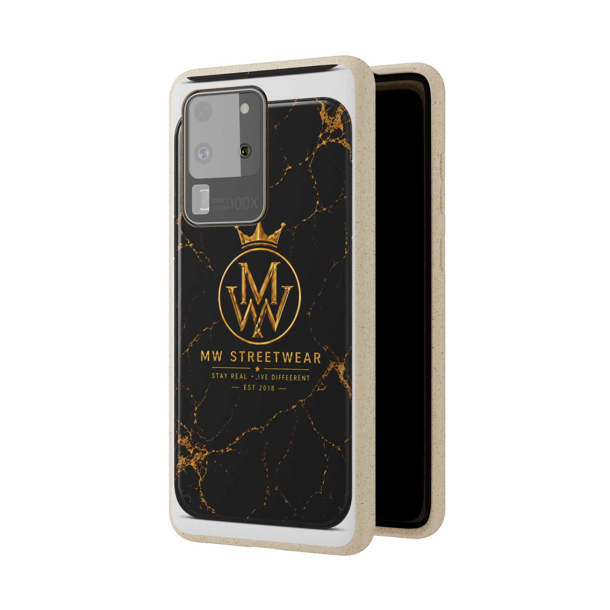 Biodegradable Phone Case — Black Marble MW Streetwear Logo, Eco-Friendly Protective Cover
