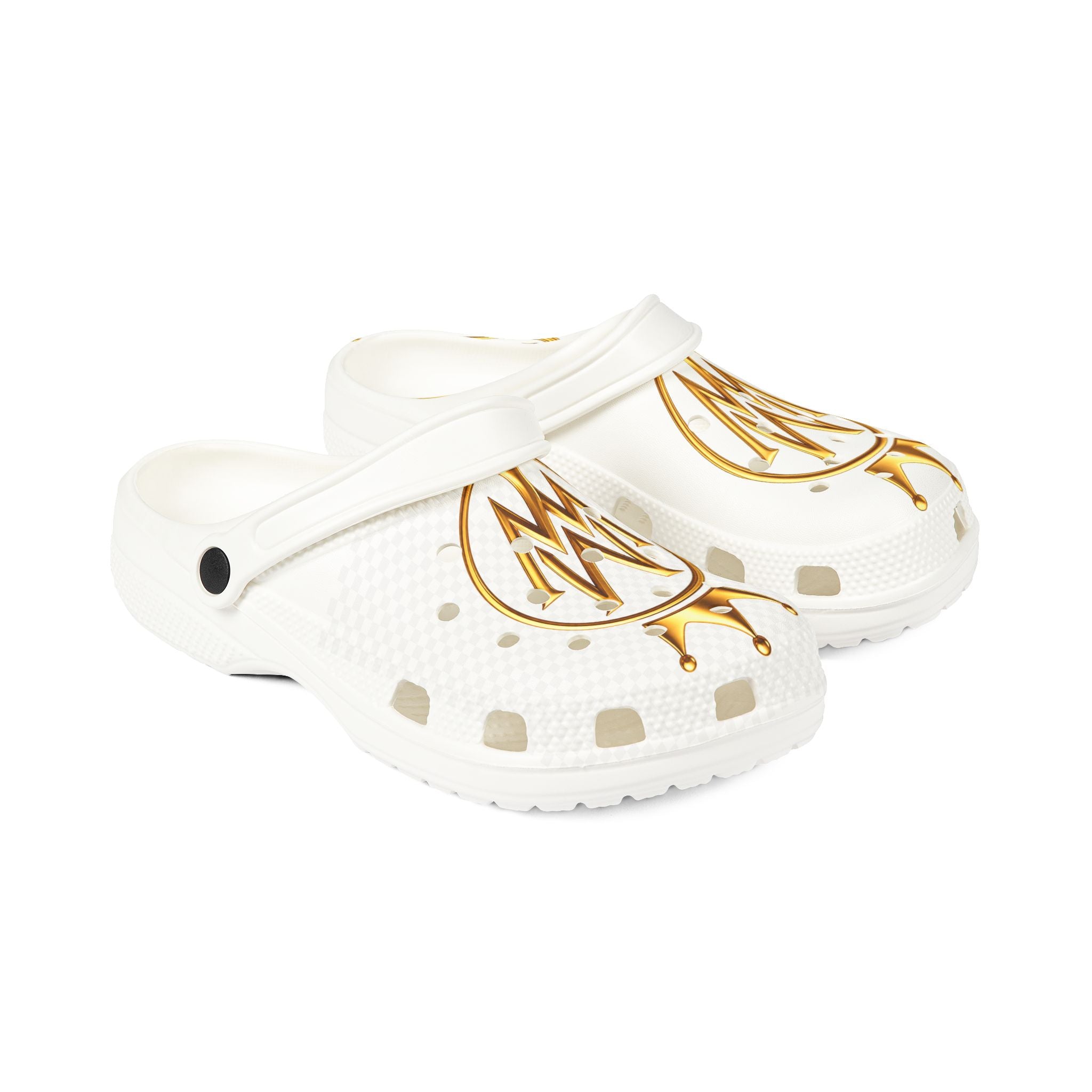 Crown Monogram EVA Foam Clogs — White & Gold Slip-On Shoes