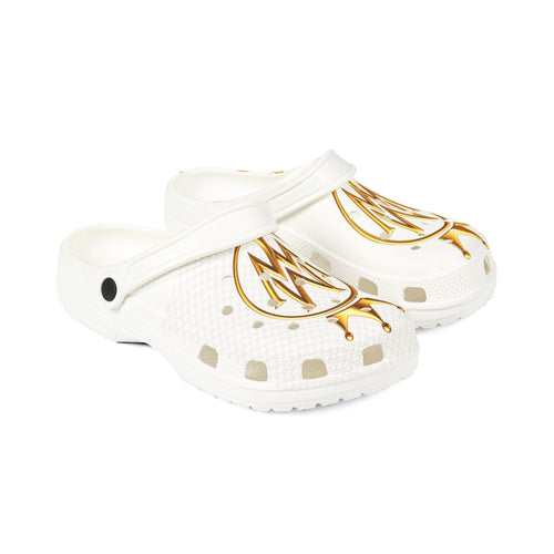 Crown Monogram EVA Foam Clogs — White & Gold Slip-On Shoes