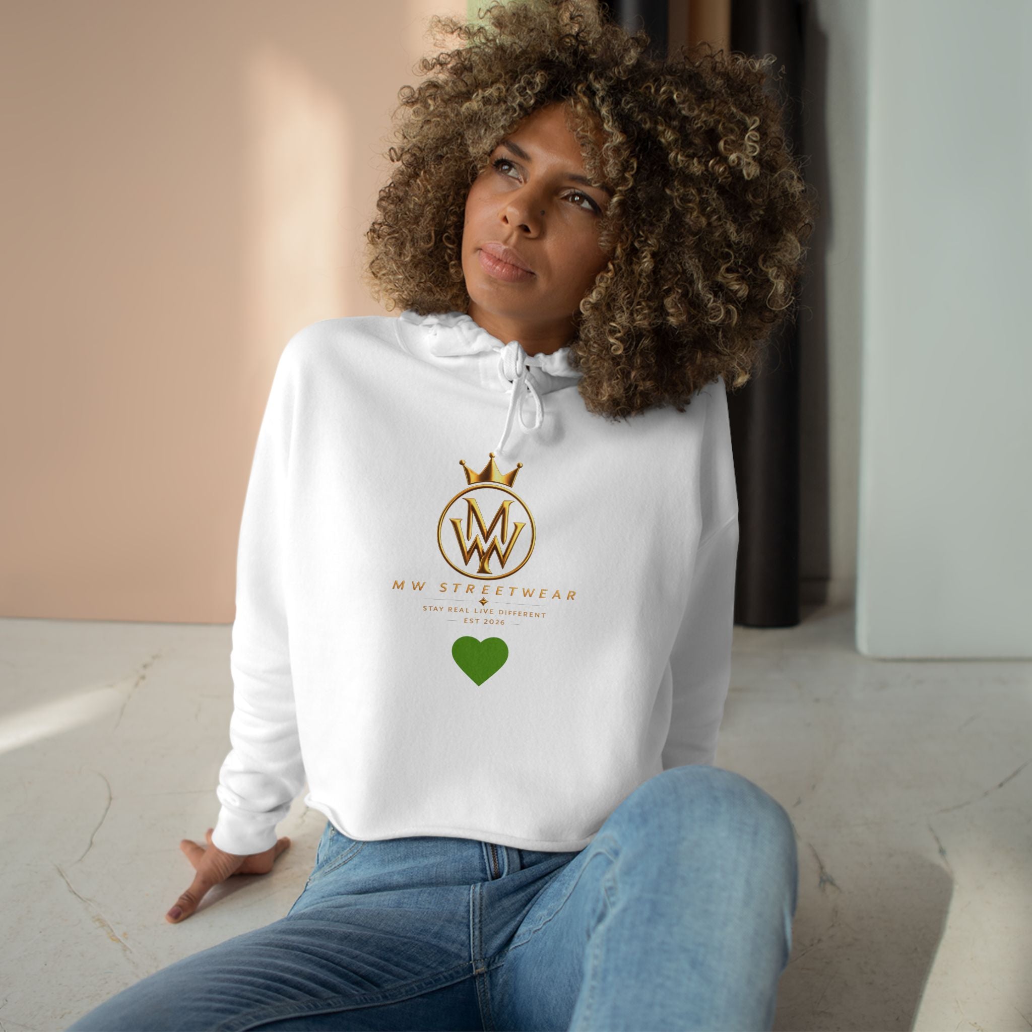Cropped Hoodie — Minimal Gold Crown Logo with Green Heart