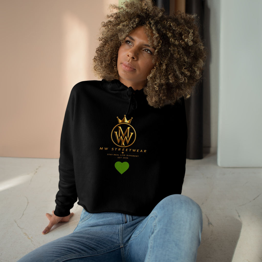Cropped Hoodie — Minimal Gold Crown Logo with Green Heart