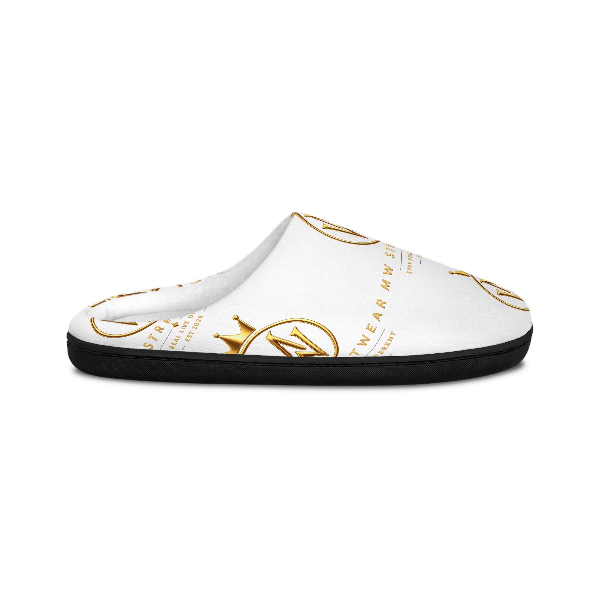 Women's Indoor Slippers — White & Gold Monogram Cozy House Shoes