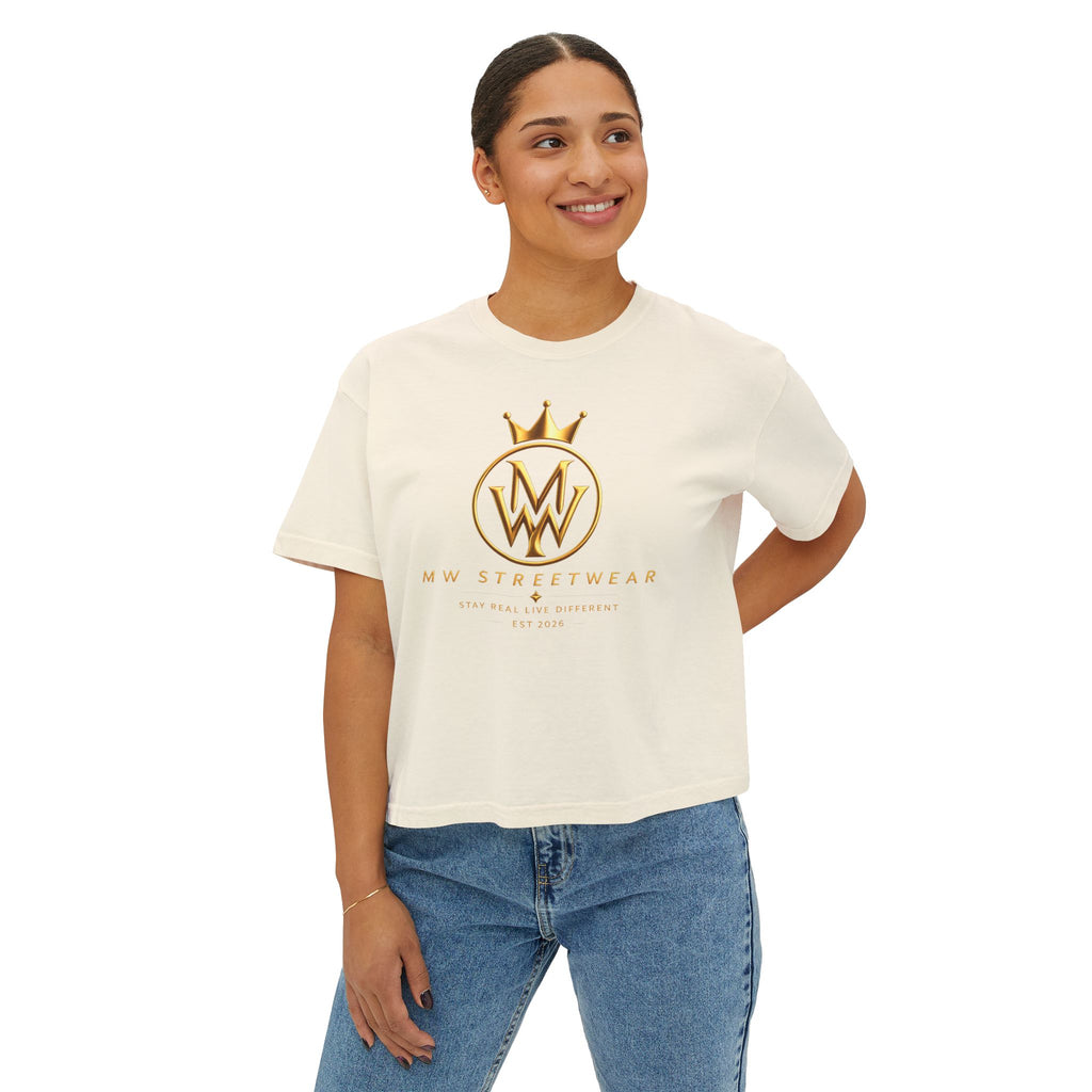 MW Streetwear Women's Boxy Tee — Gold Crown Logo Casual Crop T‑Shirt