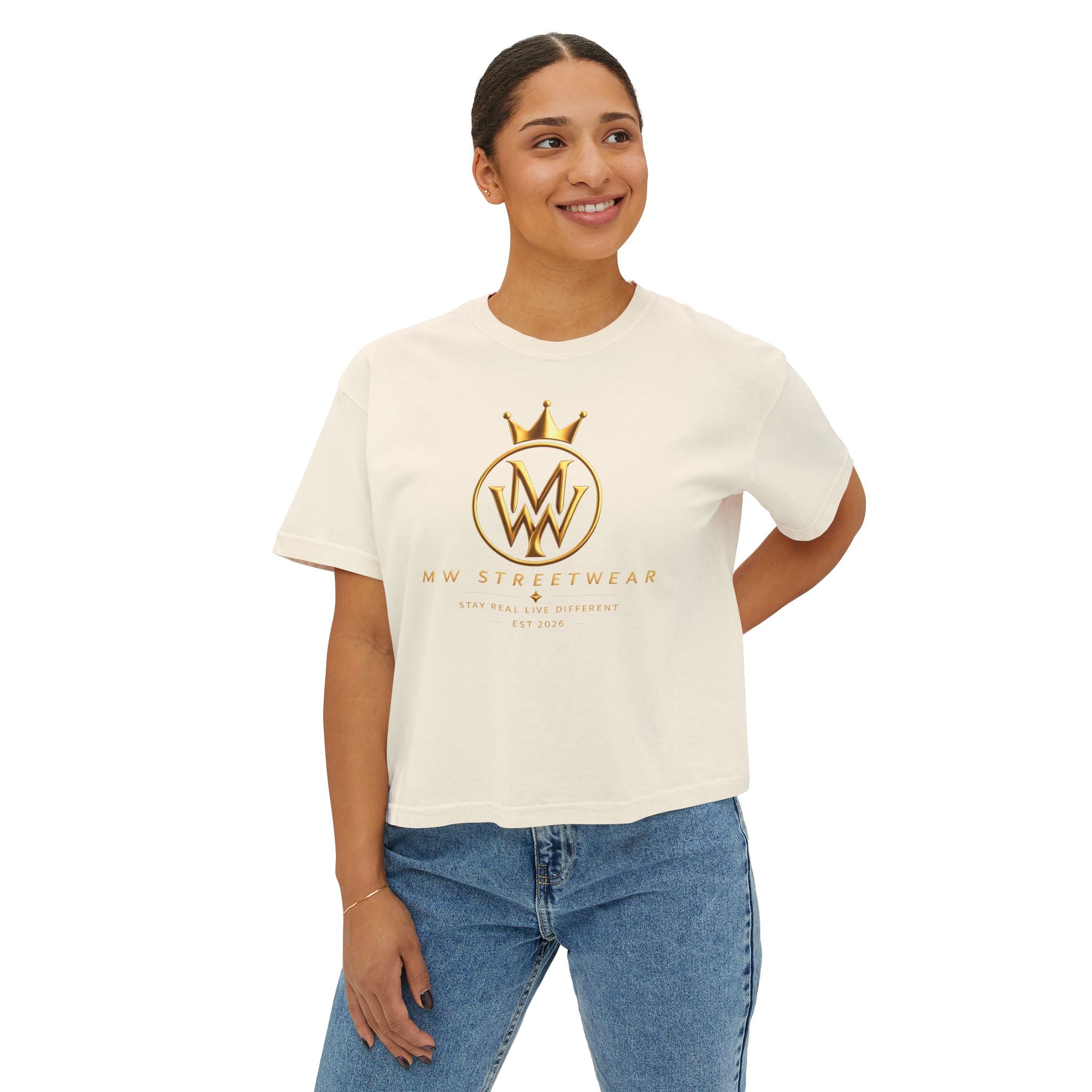 MW Streetwear Women's Boxy Tee — Gold Crown Logo Casual Crop T‑Shirt