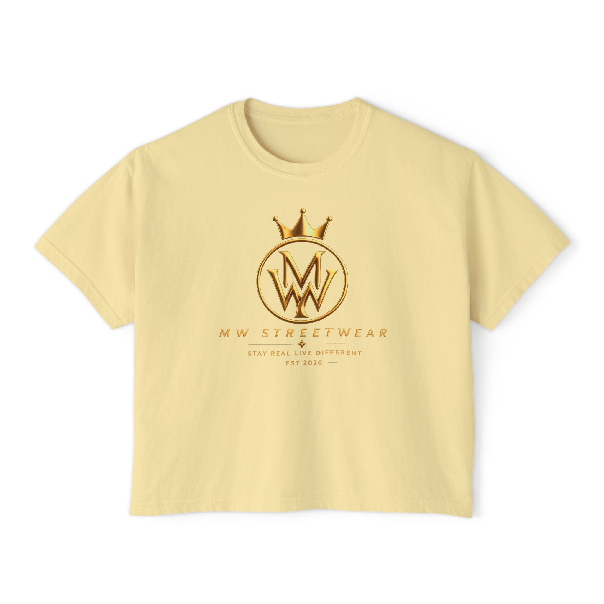 MW Streetwear Women's Boxy Tee — Gold Crown Logo Casual Crop T‑Shirt