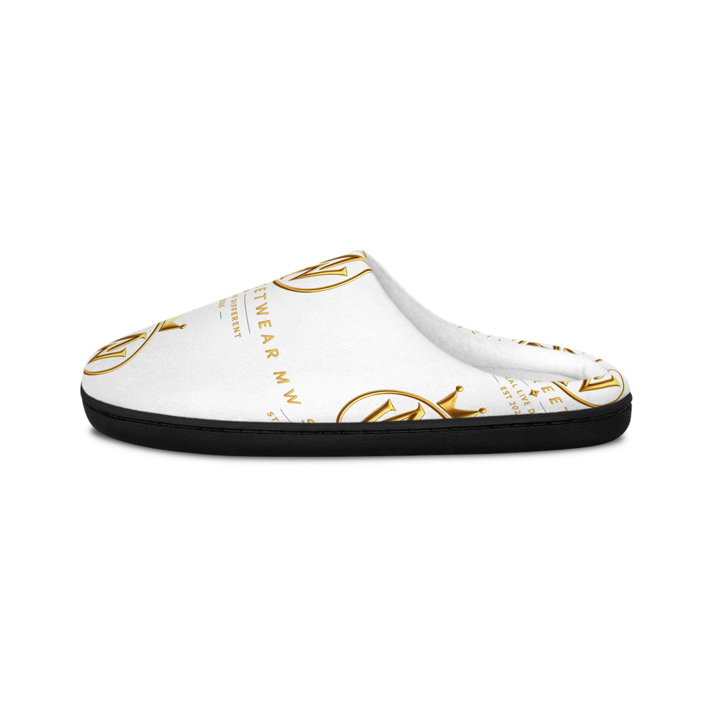 Women's Indoor Slippers — White & Gold Monogram Cozy House Shoes