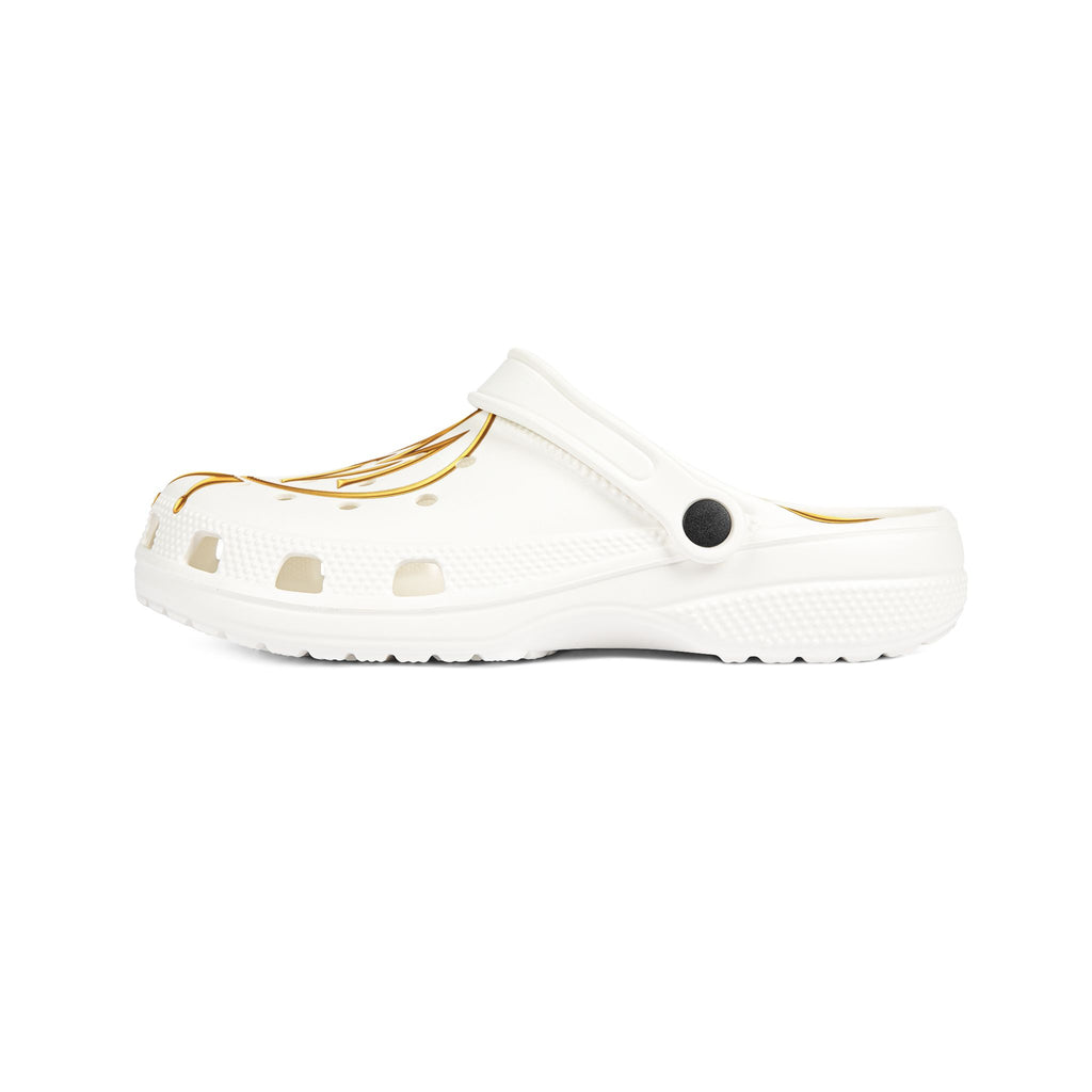 Crown Monogram EVA Foam Clogs — White & Gold Slip-On Shoes