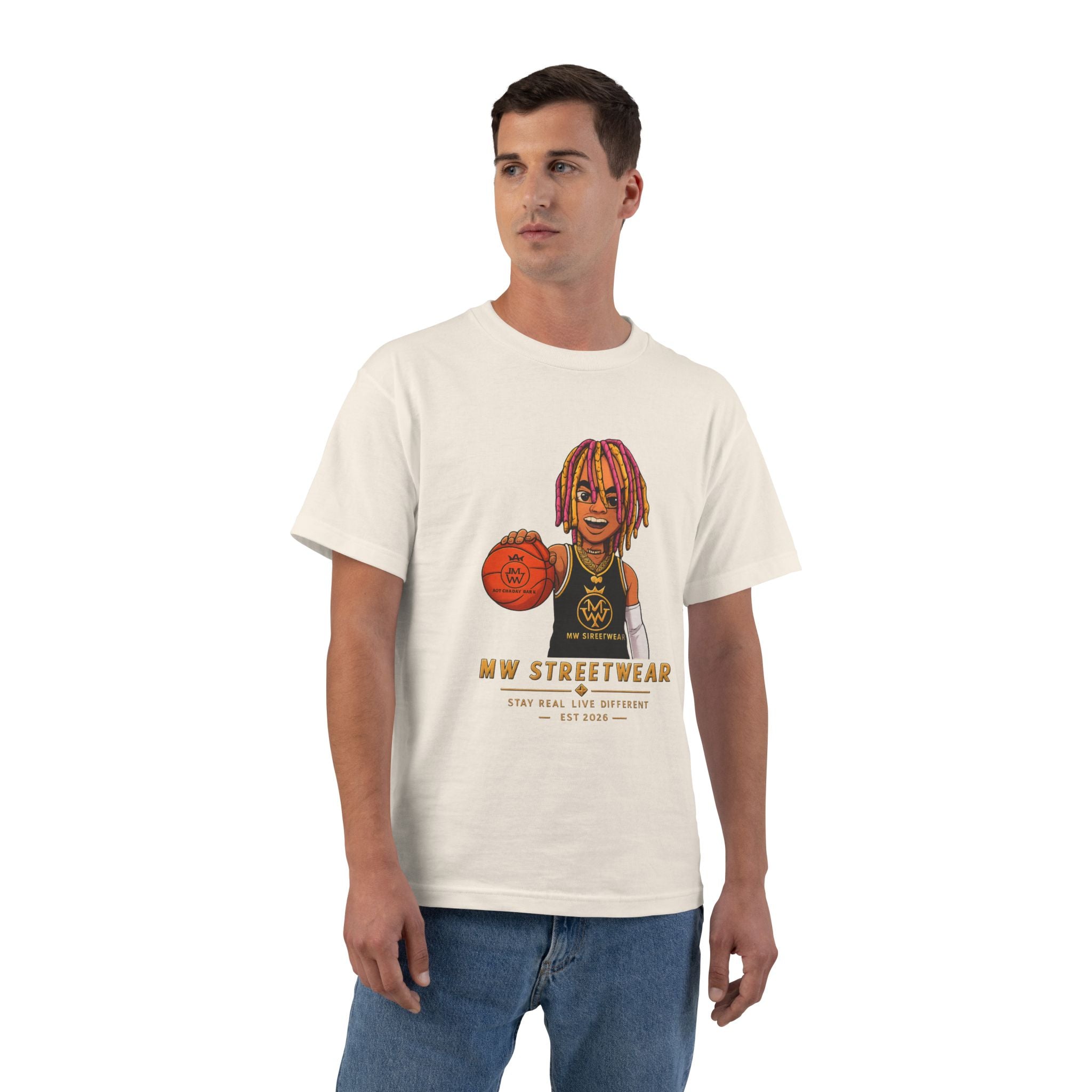 Streetwear Basketball Graphic T-Shirt — Colorful Dreadlock Player Design