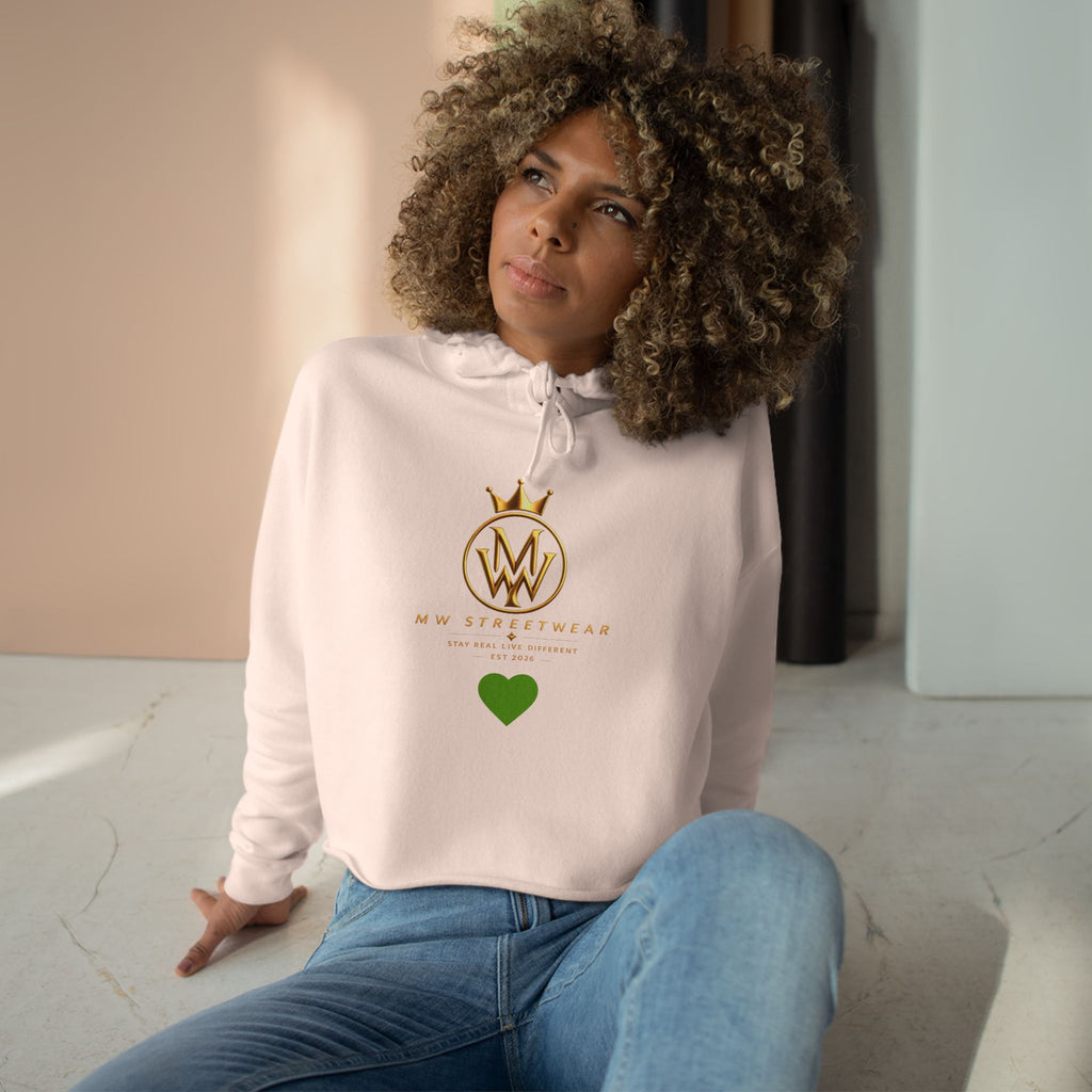 Cropped Hoodie — Minimal Gold Crown Logo with Green Heart