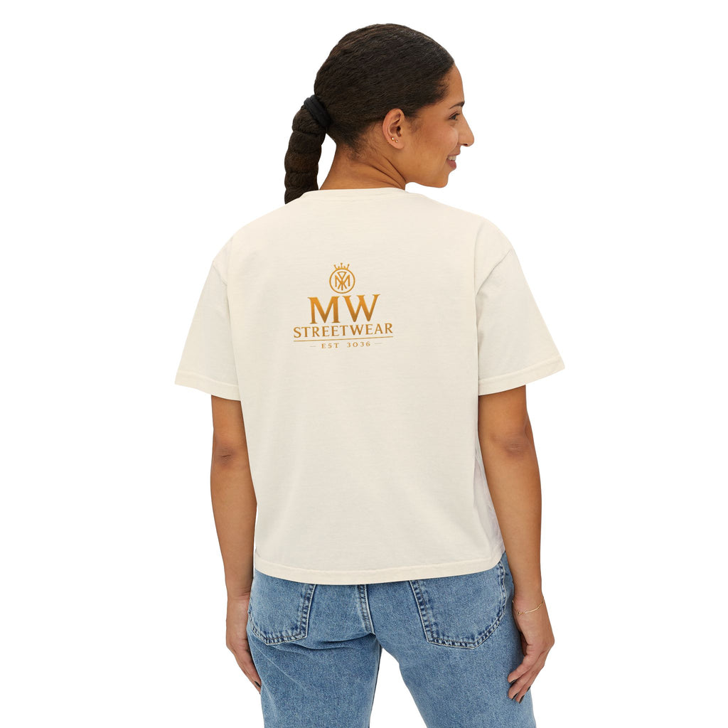MW Streetwear Women's Boxy Tee — Gold Crown Logo Casual Crop T‑Shirt