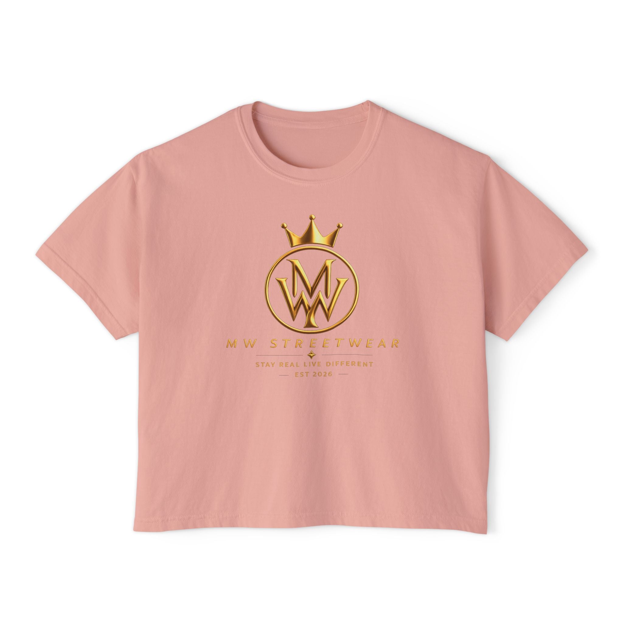 MW Streetwear Women's Boxy Tee — Gold Crown Logo Casual Crop T‑Shirt