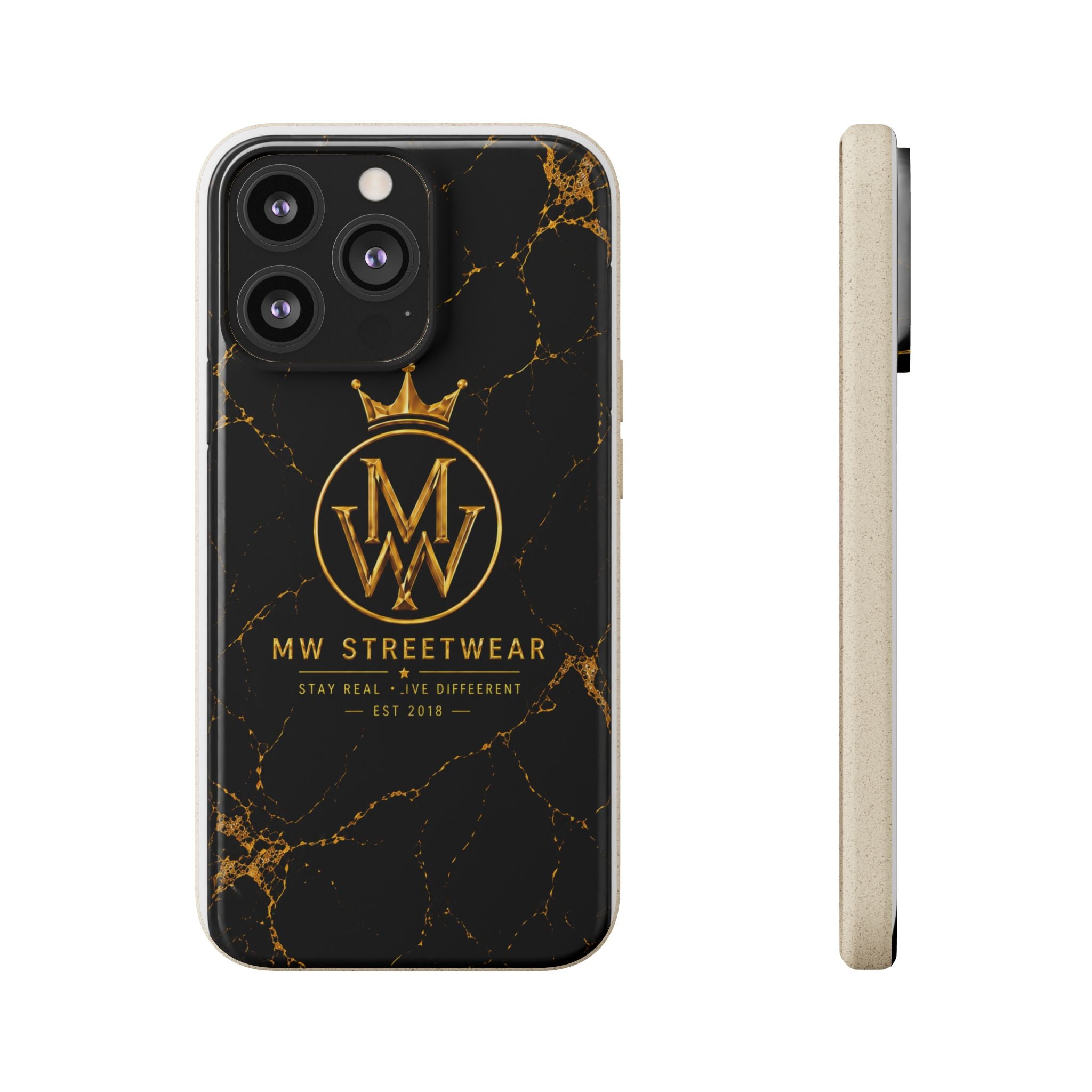 Biodegradable Phone Case — Black Marble MW Streetwear Logo, Eco-Friendly Protective Cover