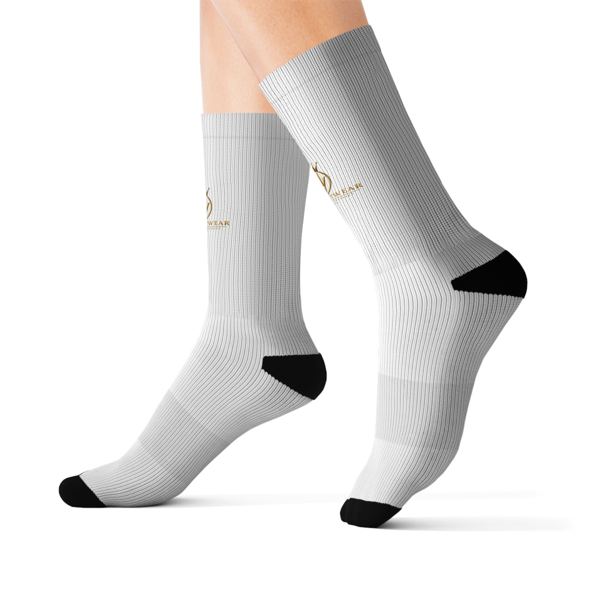 White Sublimation Socks with Gold Crest – Custom Printed Crew Socks