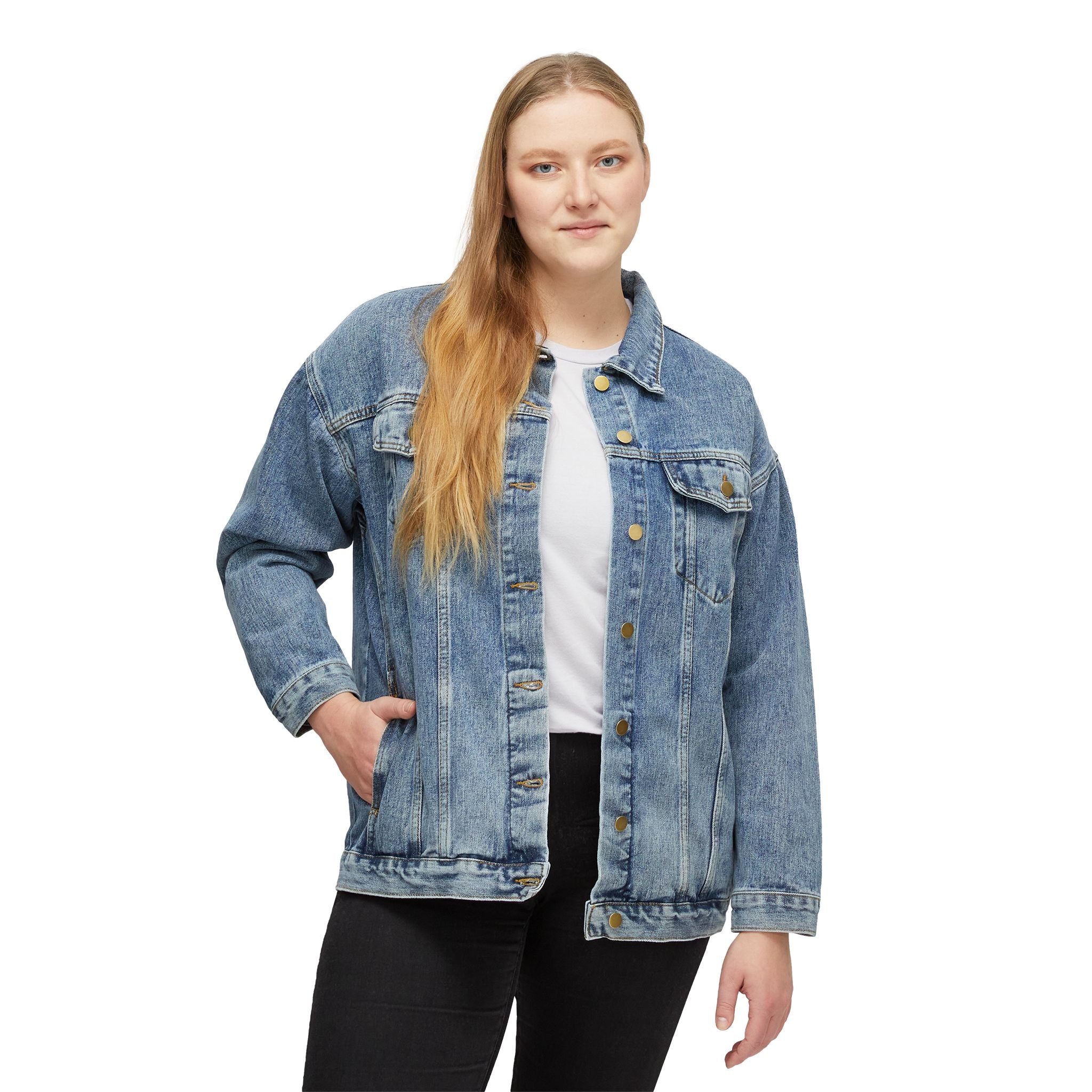 Women's Denim Jacket with Gold Crown Logo — Casual Chic Embroidered Jean Jacket